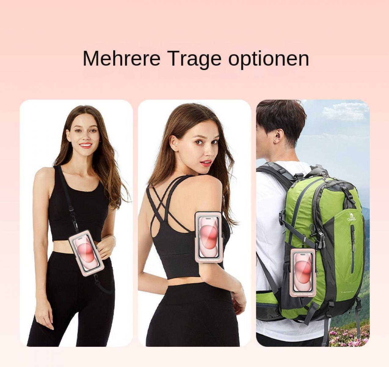 Drei Trageoptionen für ein Handy: über die Schulter, am Arm oder am Rucksack.