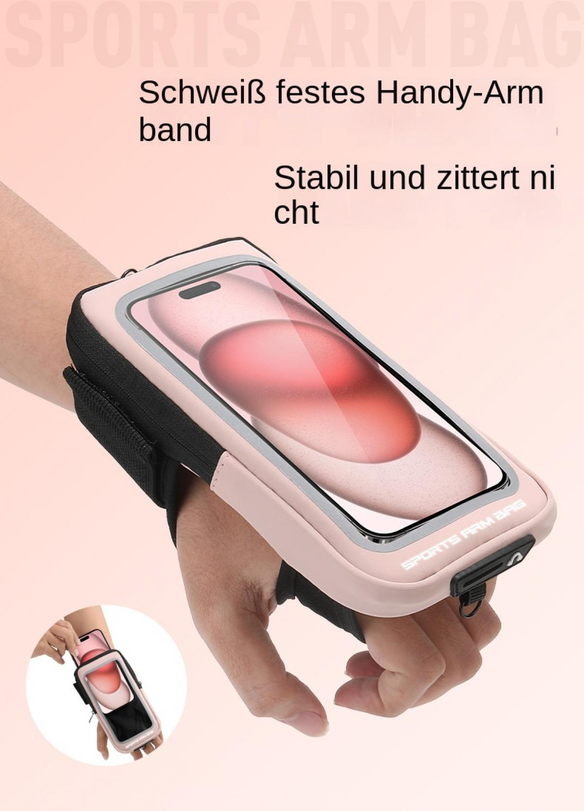 Eine rosafarbene Sportarmbandtasche mit einem Telefon darin, die an einem Arm getragen wird.