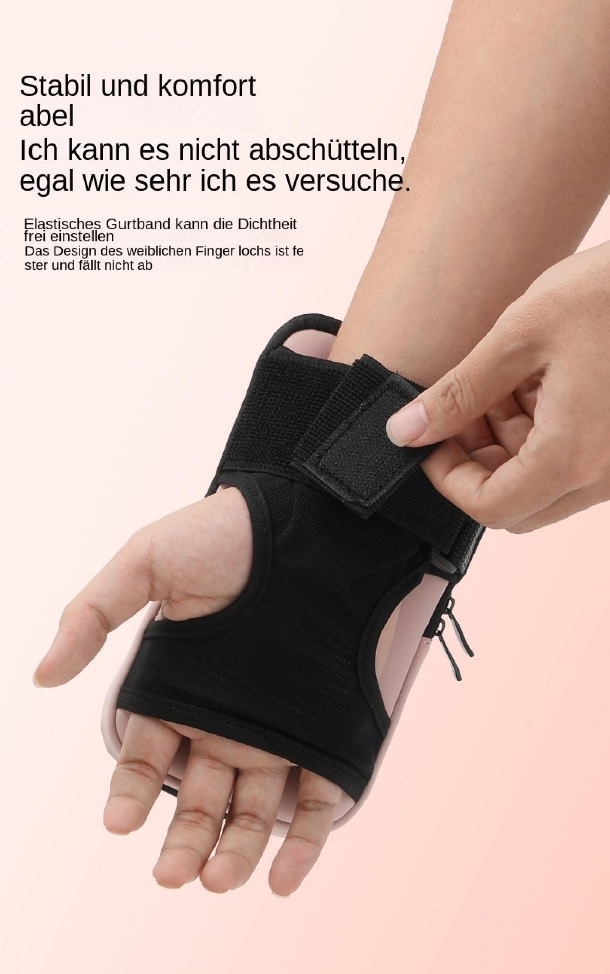 Eine Hand trägt eine schwarze Handgelenkbandage mit Klettverschluss. Der Hintergrund ist rosa.