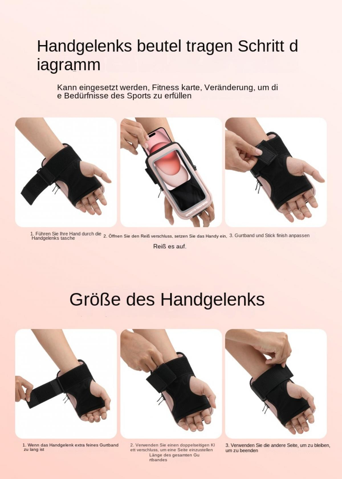 Schritt-für-Schritt-Anleitung zum Tragen einer Handgelenktasche und zur Anpassung der Größe.
