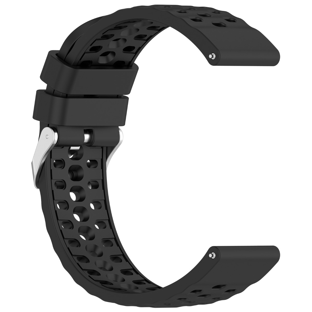 Schwarzes Silikon-Uhrenarmband mit silberner Schnalle und Lochmuster.