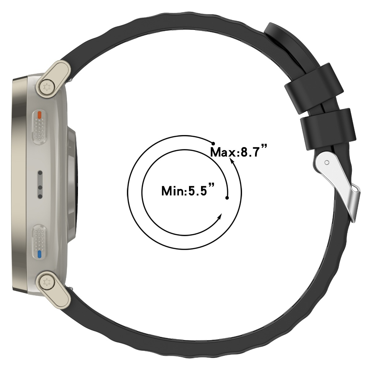Eine Uhr mit einem silbernen Gehäuse und einem schwarzen Armband. Größenangaben: Min. 5,5 Zoll, Max. 8,7 Zoll.
