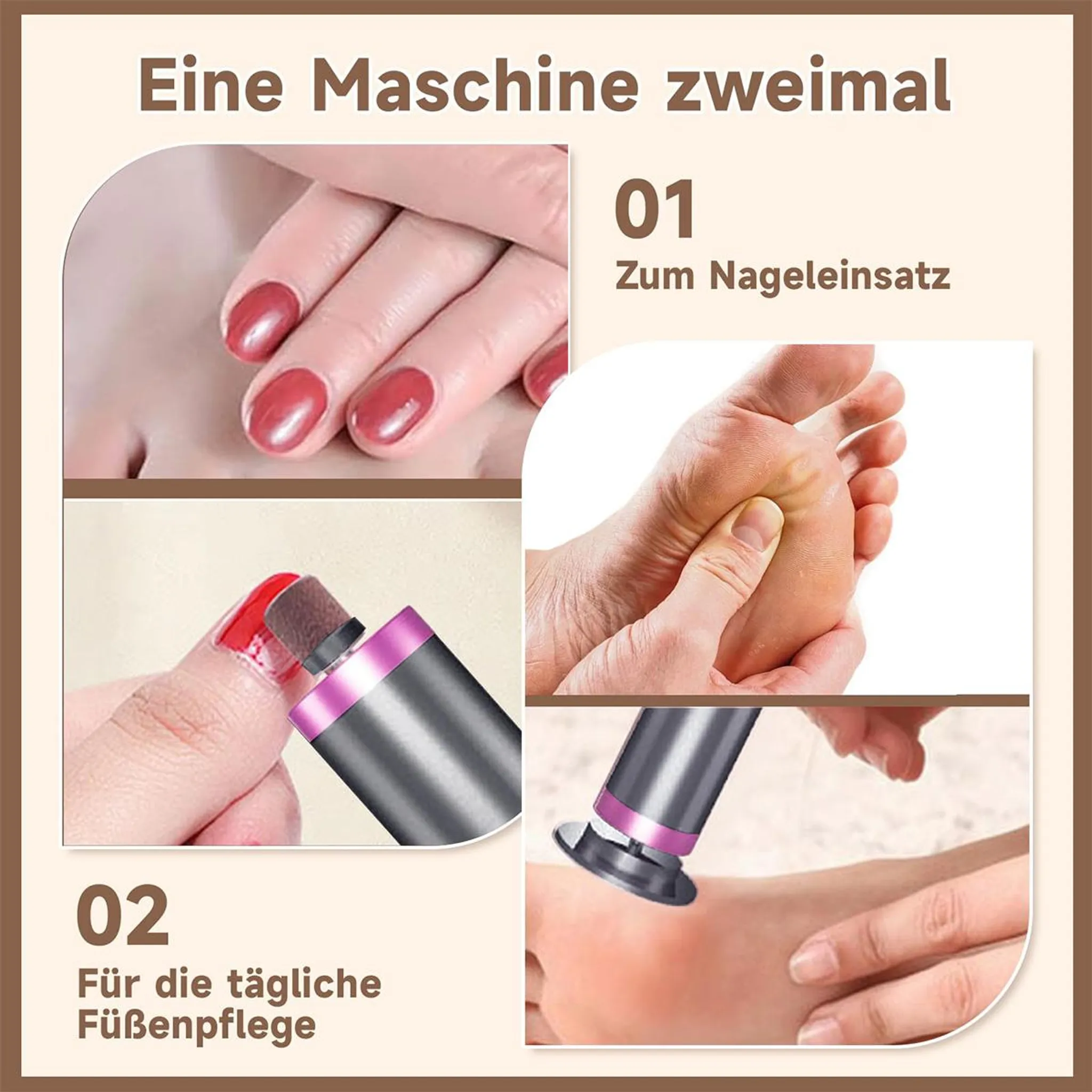 Nahaufnahme: Hände mit roten Nägeln, Fußpflegegerät und Fußpflege.