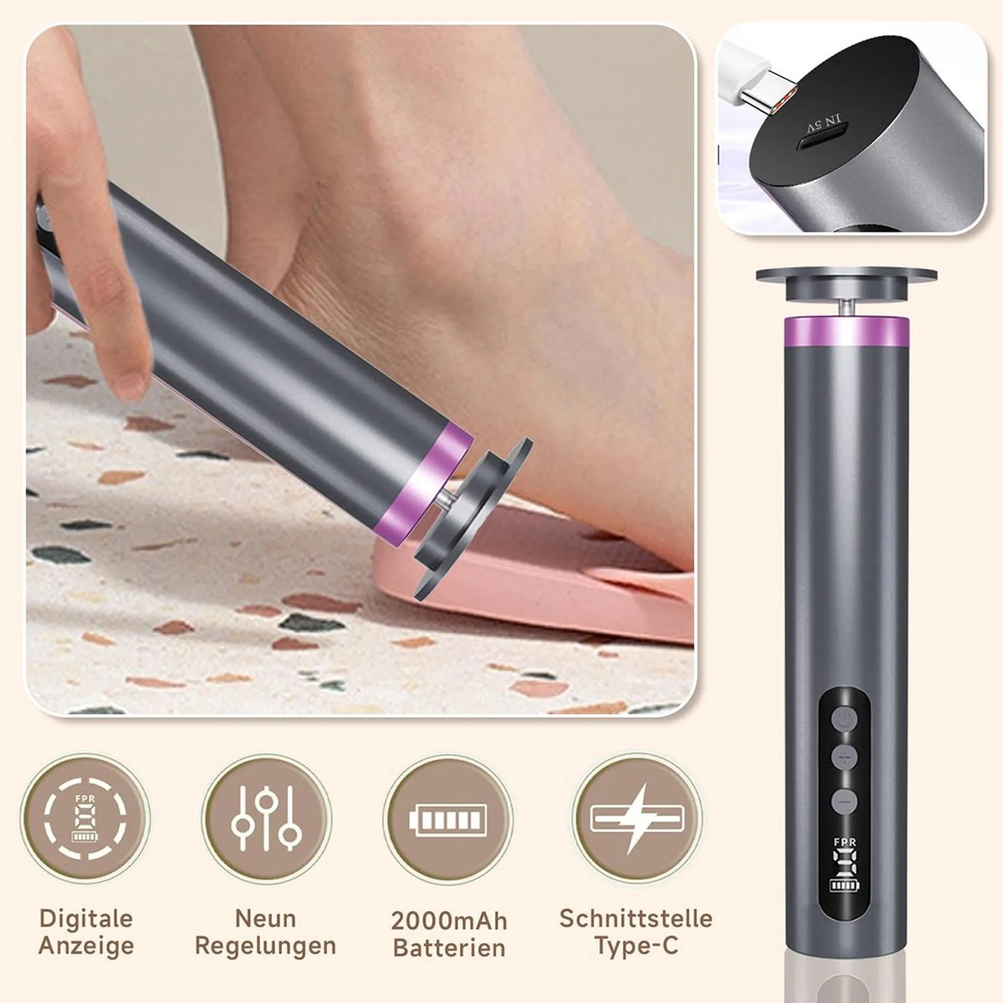 Grauer elektrischer Hornhautentferner mit rosa Flip-Flop und beige Fliesen.
