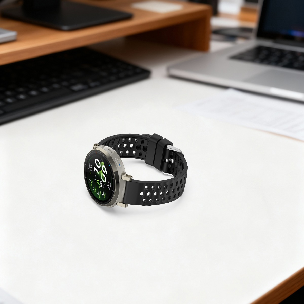 Eine schwarze Smartwatch mit einem silbernen Gehäuse und einem Lochmusterarmband liegt auf einem weißen Schreibtisch.