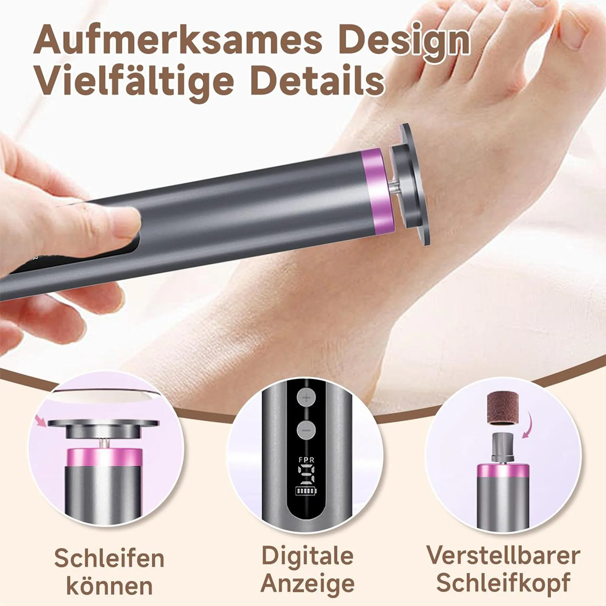 Nahaufnahme eines grauen elektrischen Hornhautentferners nahe einem Fuß. Drei Detailbilder.