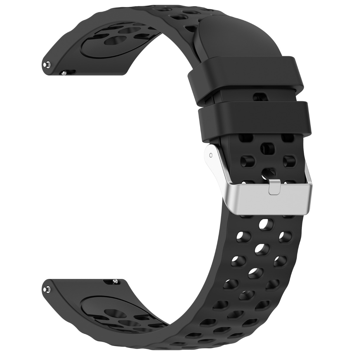 Schwarzes Uhrenarmband mit silberner Schnalle und Lochmuster.