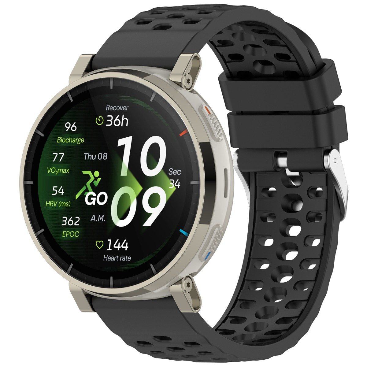 Eine silberne Smartwatch mit schwarzem Armband zeigt Trainingsdaten wie Herzfrequenz und Erholzeit an.