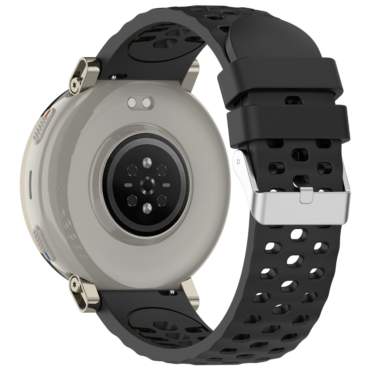Rückseite einer runden Smartwatch mit schwarzem Locherarmband und Silberschließe.
