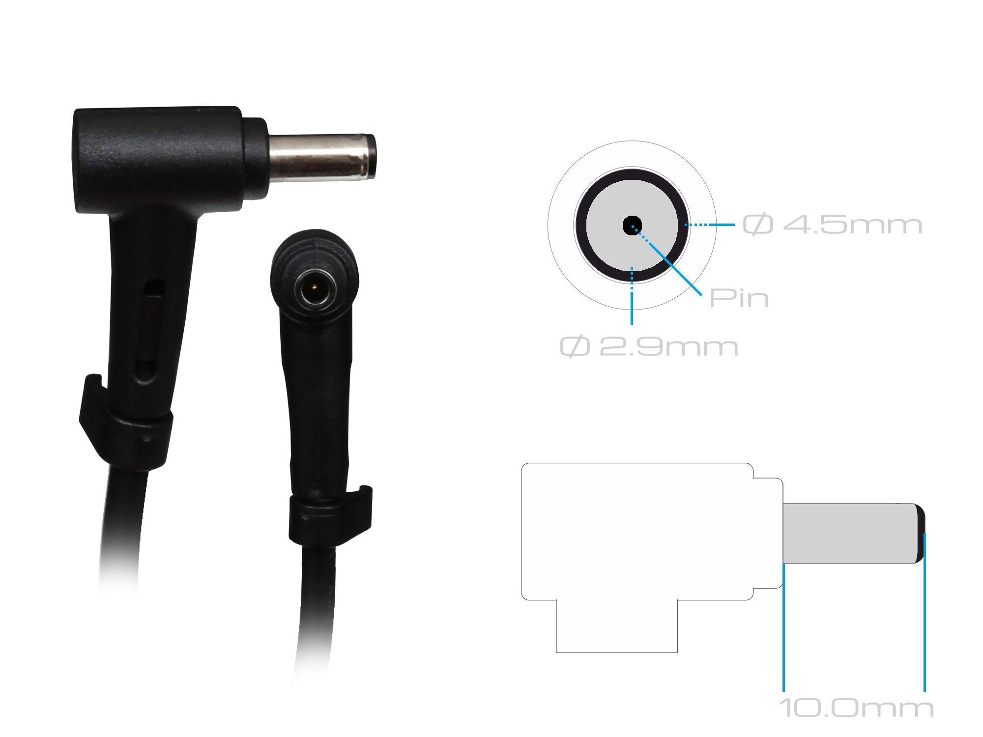 Zwei schwarze Netzkabelstecker und technische Zeichnung mit Maßen.