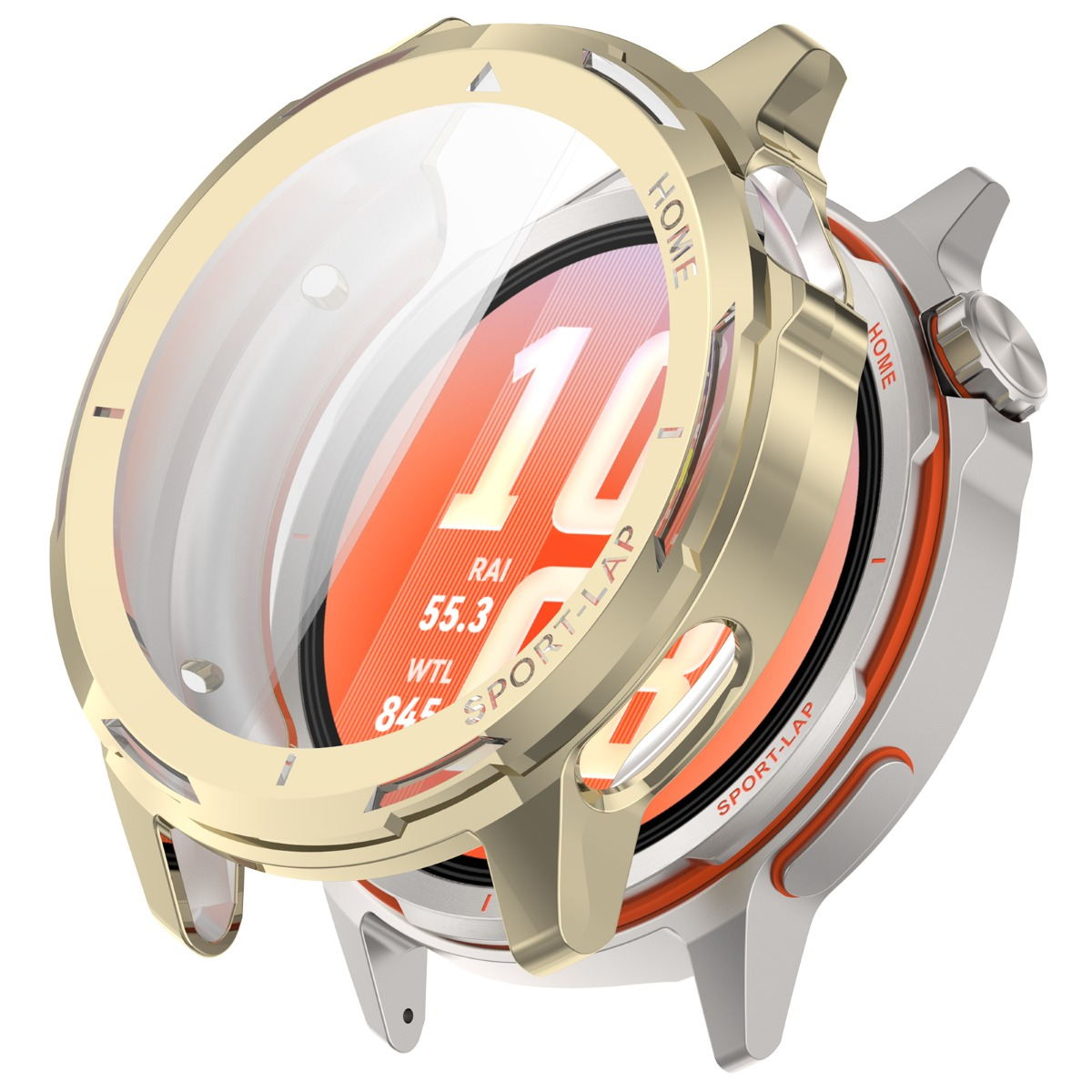 Una custodia protettiva dorata su uno smartwatch con display arancione.