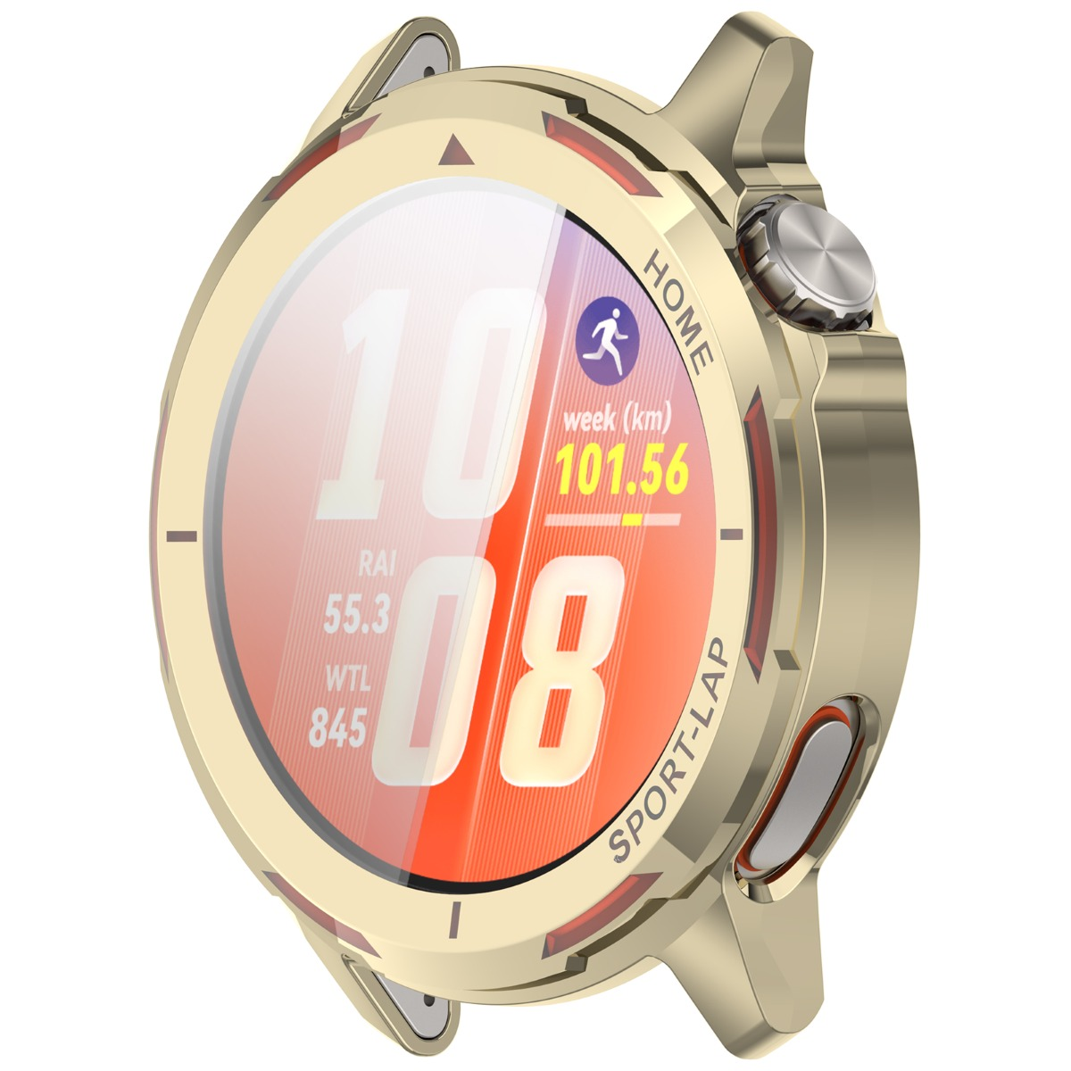 Smartwatch dorata con display sportivo. Mostra 10:08, 101,56 km, RAI 55,3, WTL 845.