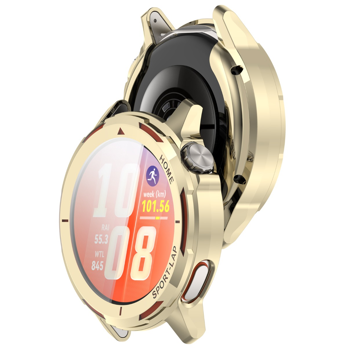 Smartwatch dorato con cassa aperta, mostra ora e dati di allenamento.