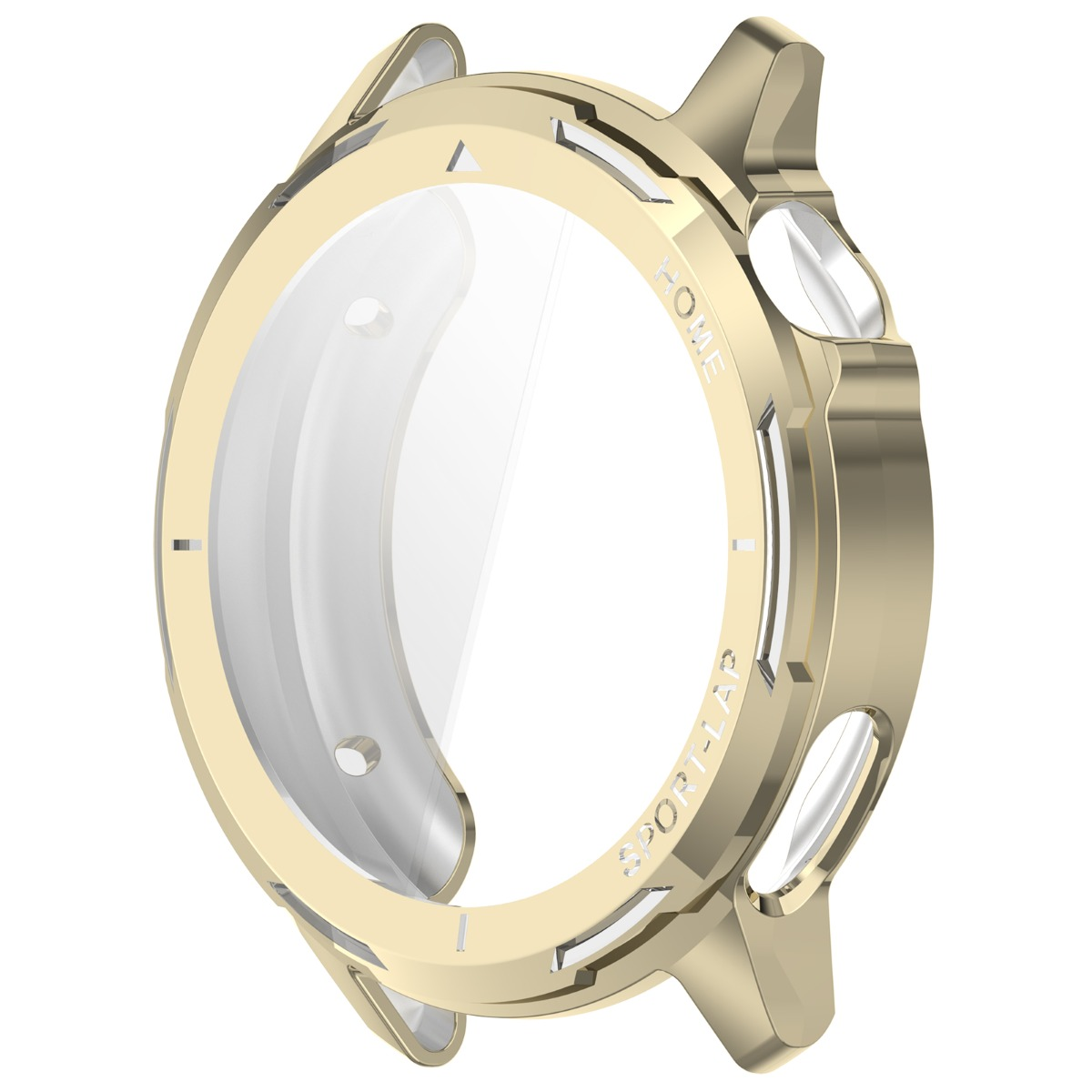Custodia protettiva dorata per smartwatch con ritagli e testo.