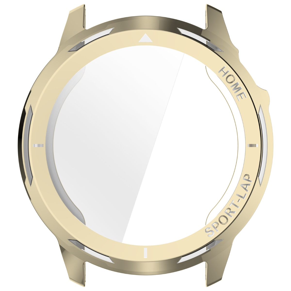 Ghiera d'orologio dorata con segni e testo 'HOME' e 'SPORT-LAP'.