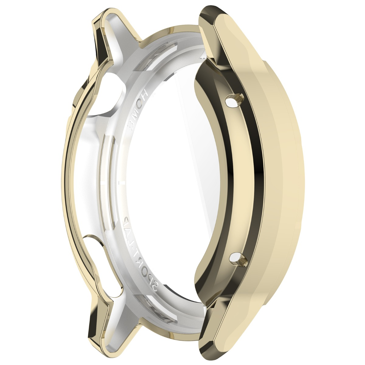 Custodia protettiva dorata per smartwatch con inserto trasparente, su sfondo bianco.