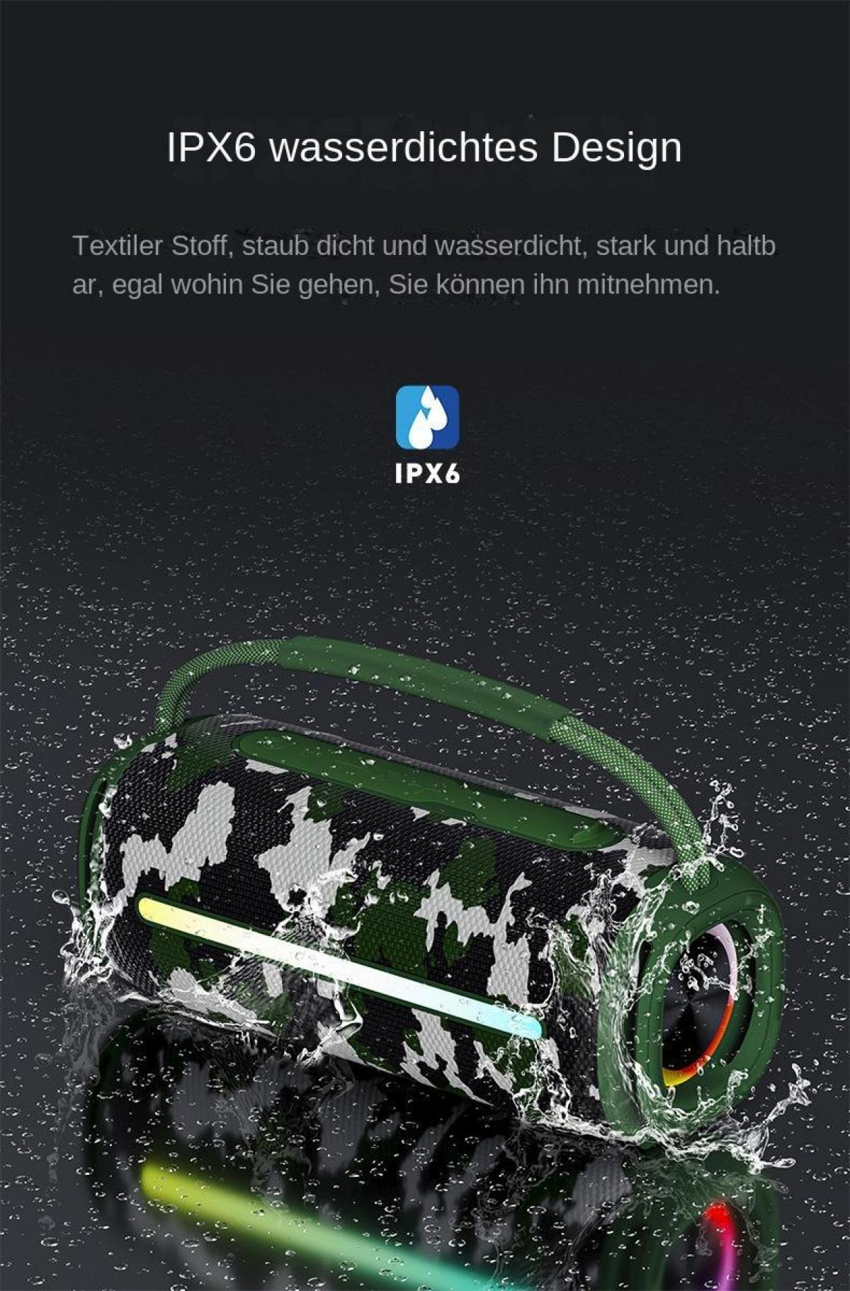 Tarnfarbener Lautsprecher mit IPX6-Wasserschutz und LED-Lichtern.