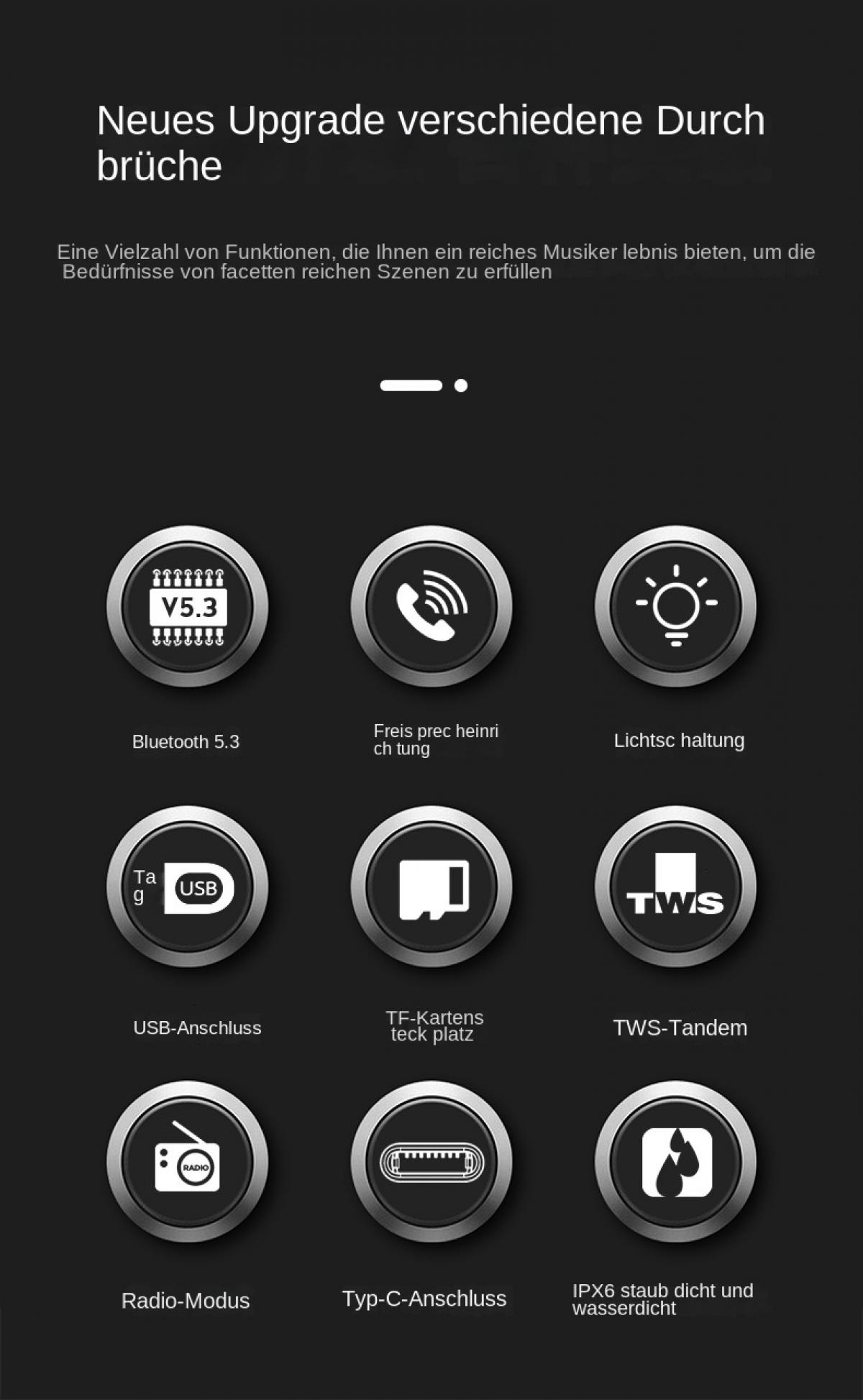 Icons mit Funktionen: Bluetooth 5.3, Freisprecheinrichtung, Licht, USB, TF-Karte, TWS, Radio, Typ-C, IPX6.
