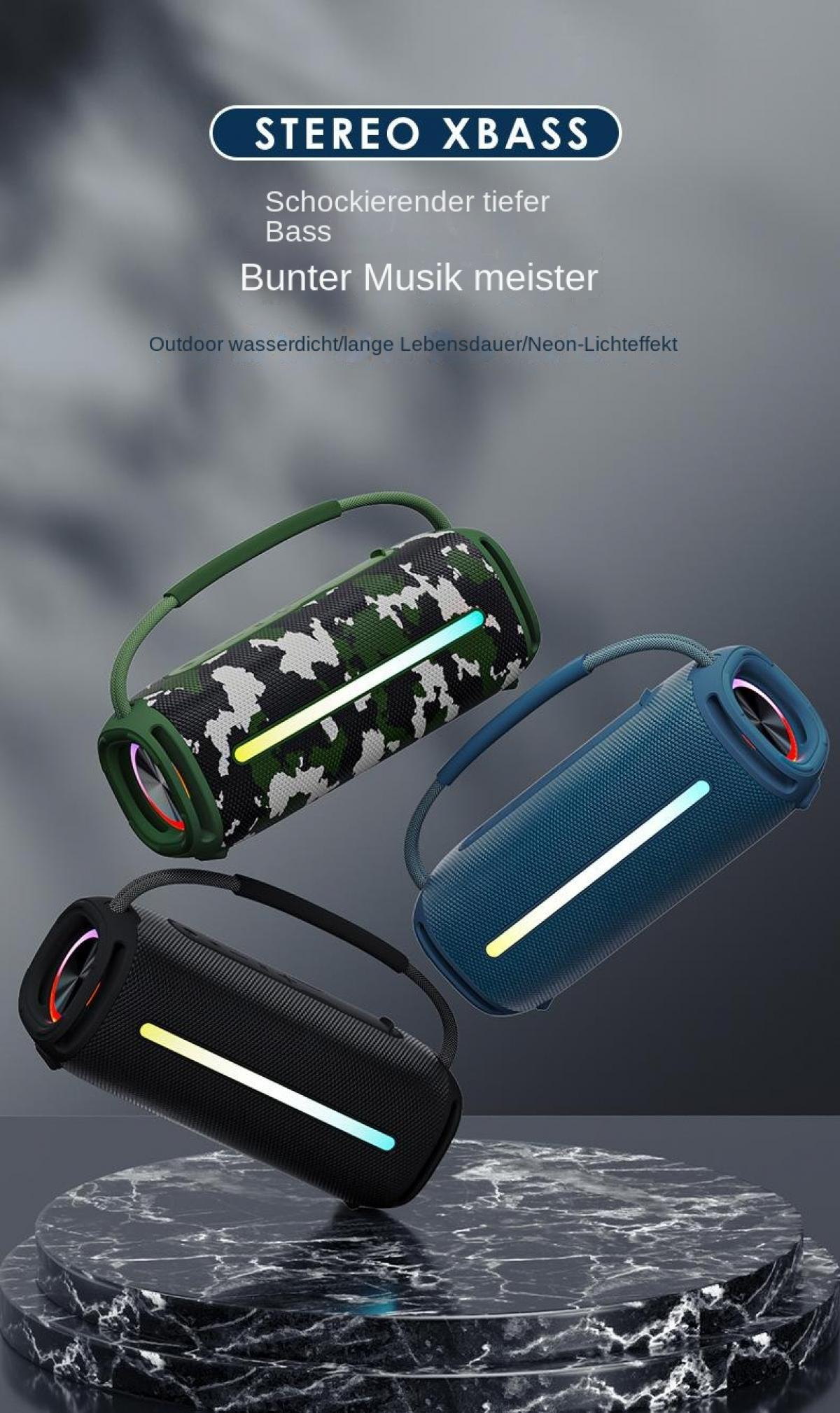 Drei Stereo Xbass Lautsprecher in Schwarz, Blau und Tarnmuster mit Neonlicht.