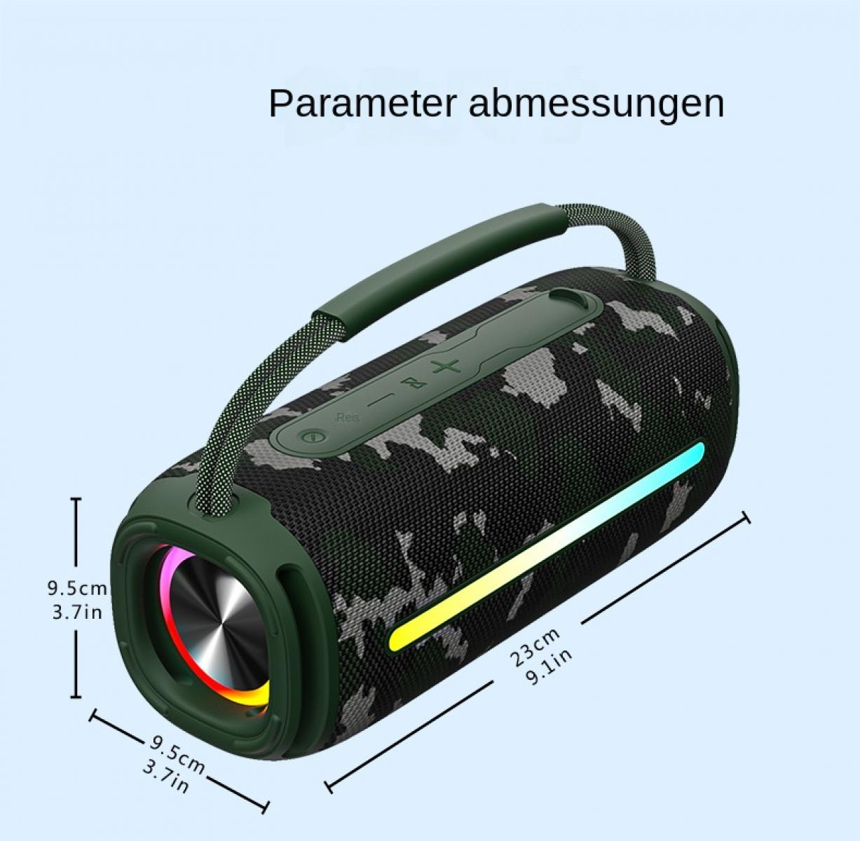 Tarnfarbene Bluetooth-Box mit Griff, Maße 9,5x23cm, leuchtet.