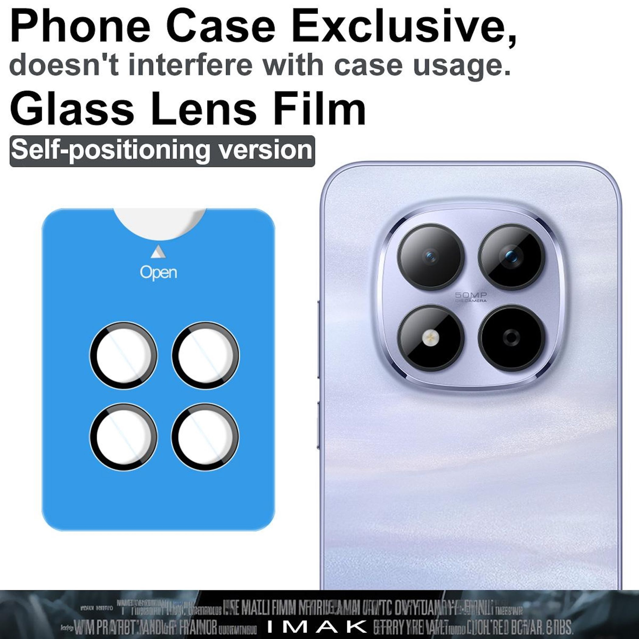 Confezione blu con quattro pellicole rotonde per obiettivo accanto a uno smartphone.