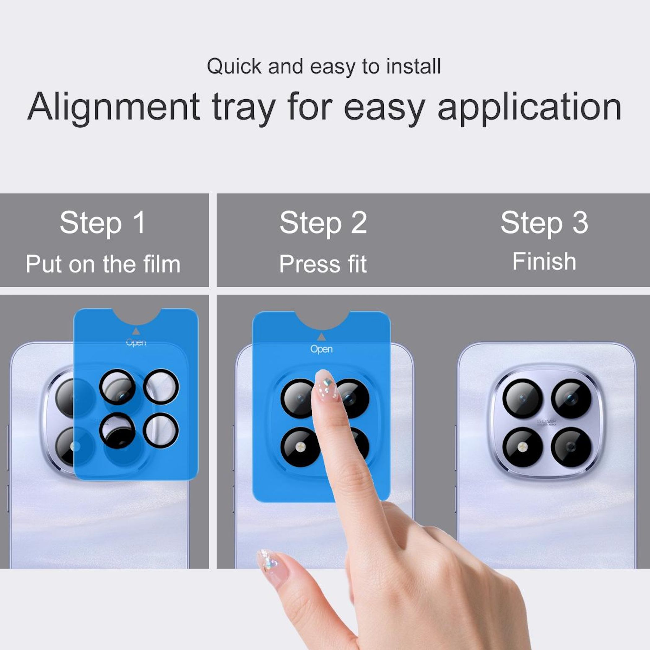 Tre passaggi mostrano come applicare una protezione per lo schermo del telefono con un vassoio di allineamento blu.