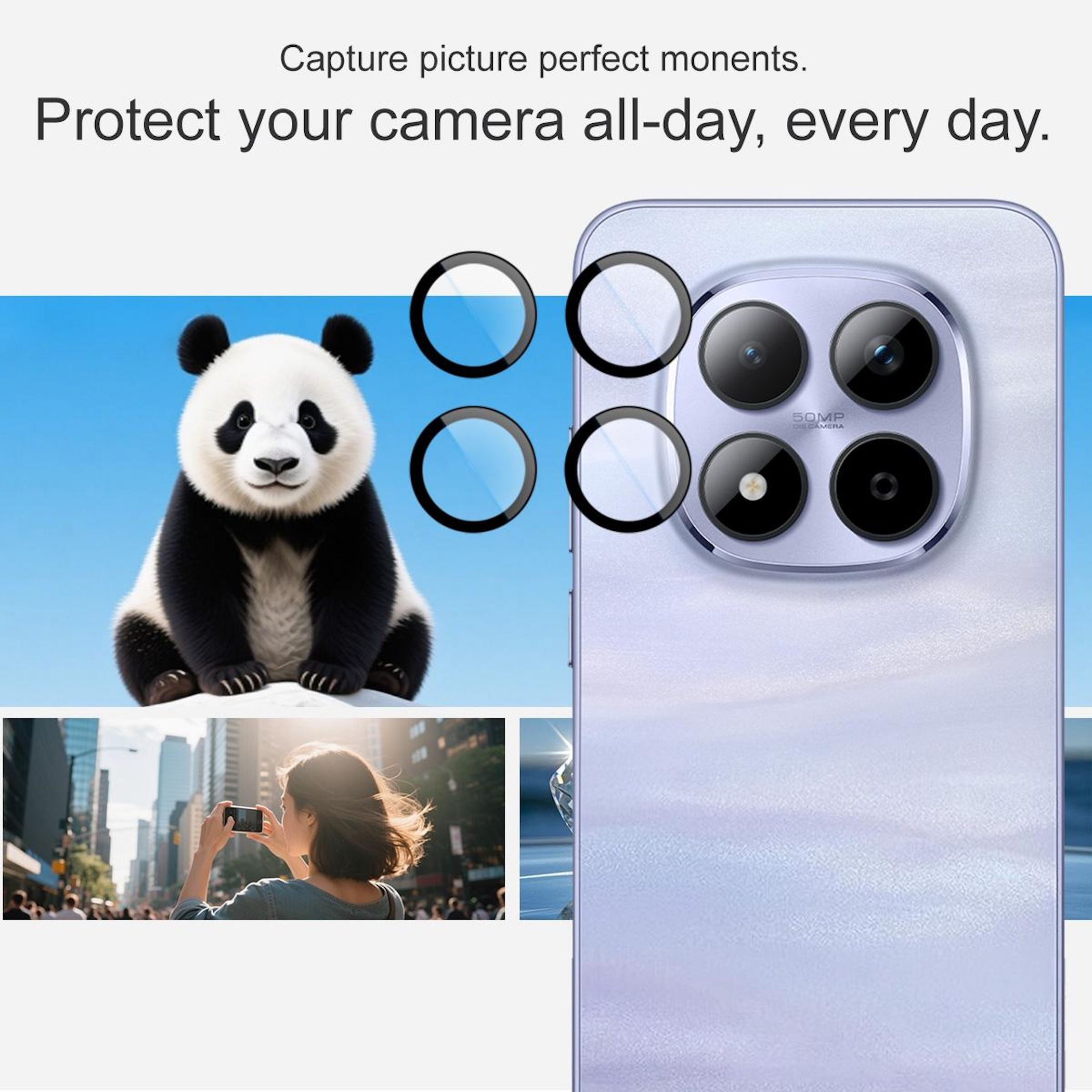 Un panda seduto davanti a un cielo blu. Accanto, il retro di un telefono con fotocamere.