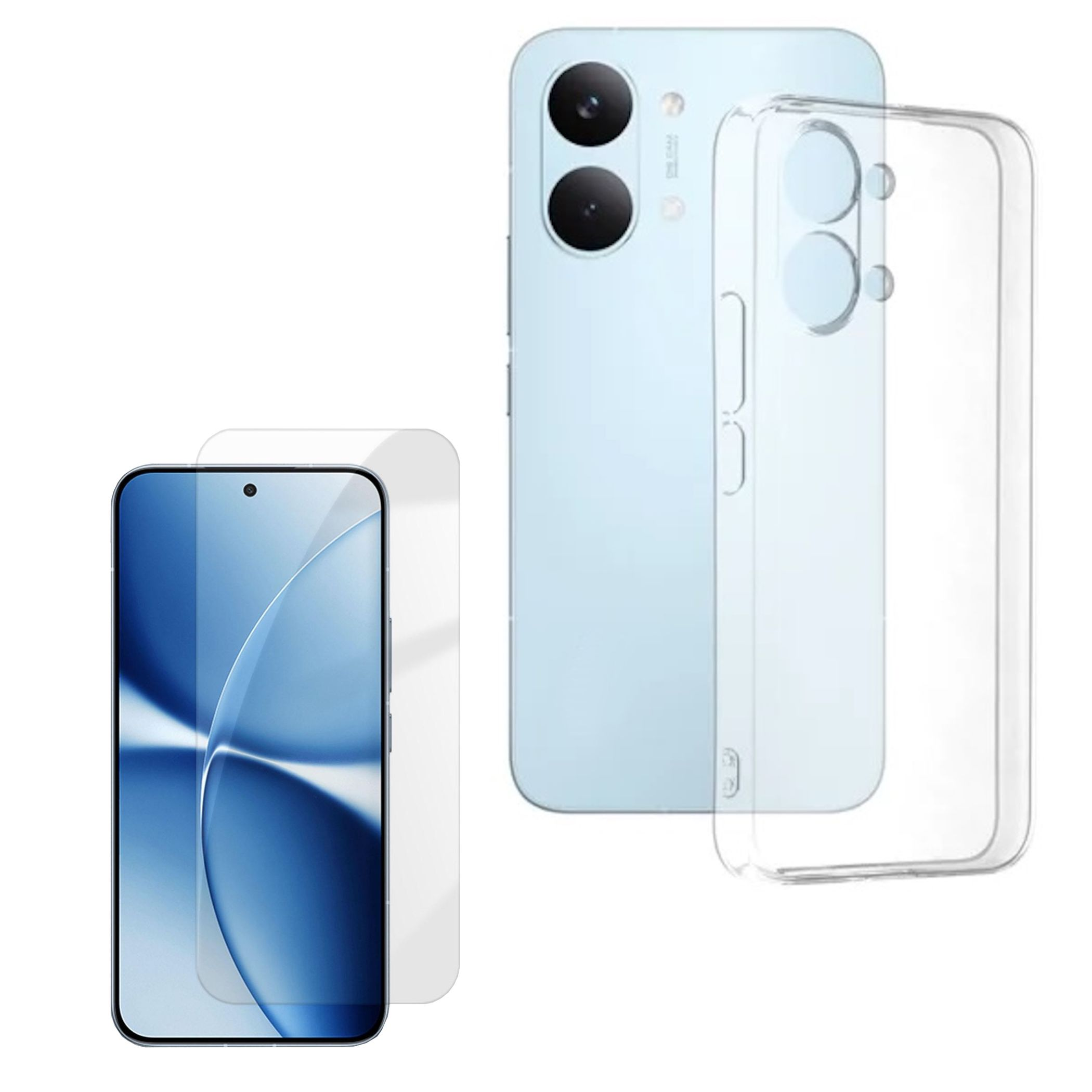Ein blaues Smartphone mit Kameras und einer transparenten Hülle.