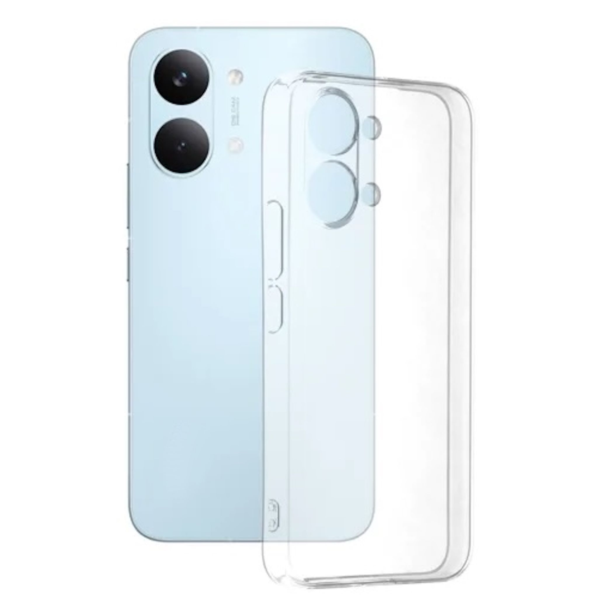 Ein hellblaues Smartphone mit zwei Kameralinsen und einer durchsichtigen Handyhülle daneben.