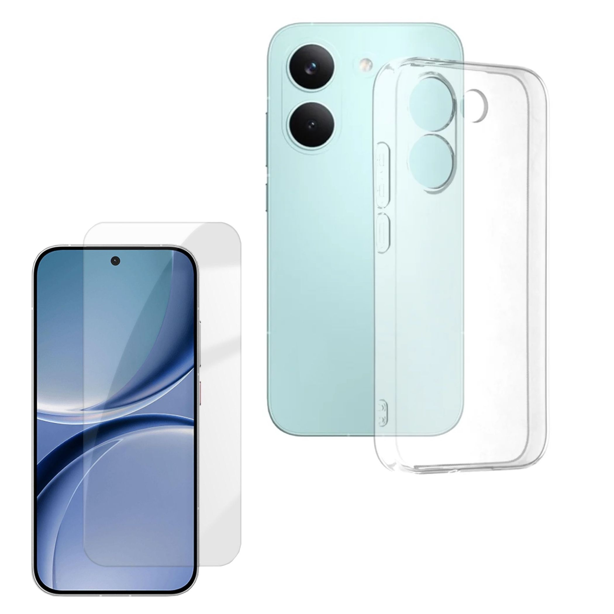 Ein türkisfarbenes Smartphone mit zwei Kameras und einer transparenten Hülle daneben.