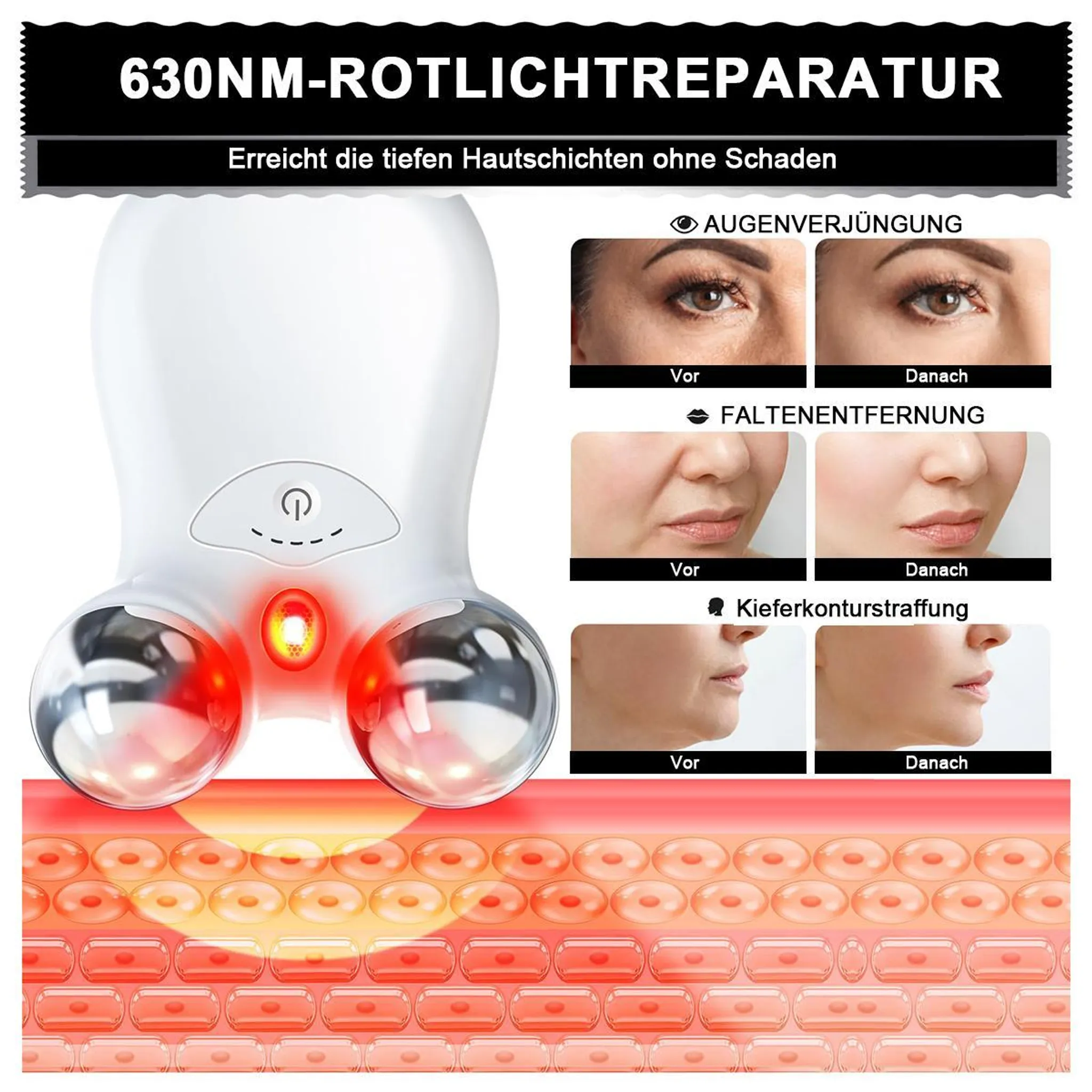 Ein Hautpflegegerät mit roten Lichtern und Vorher-Nachher-Bildern von Augen, Falten und Kieferkontur.