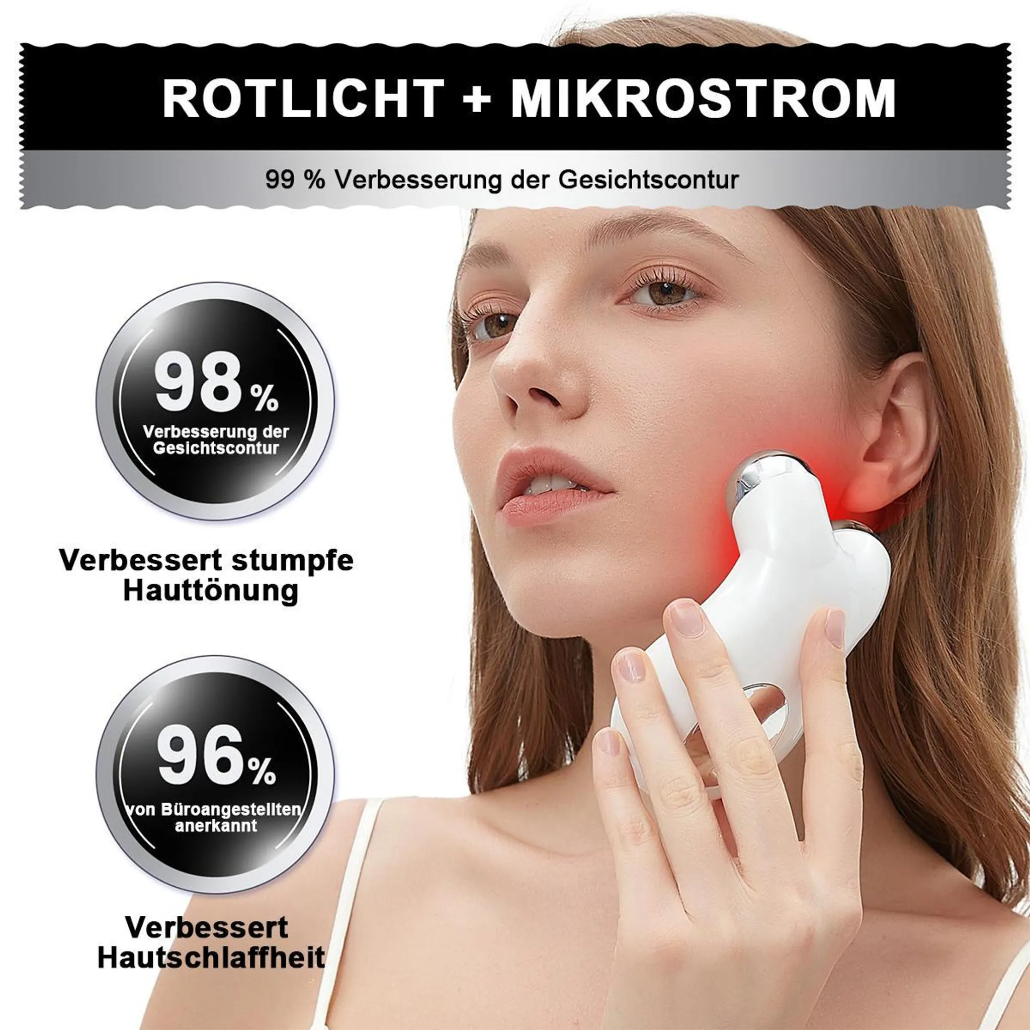 Frau mit Rotlicht-Mikrostrom-Gerät im Gesicht, das die Gesichtskontur verbessert.