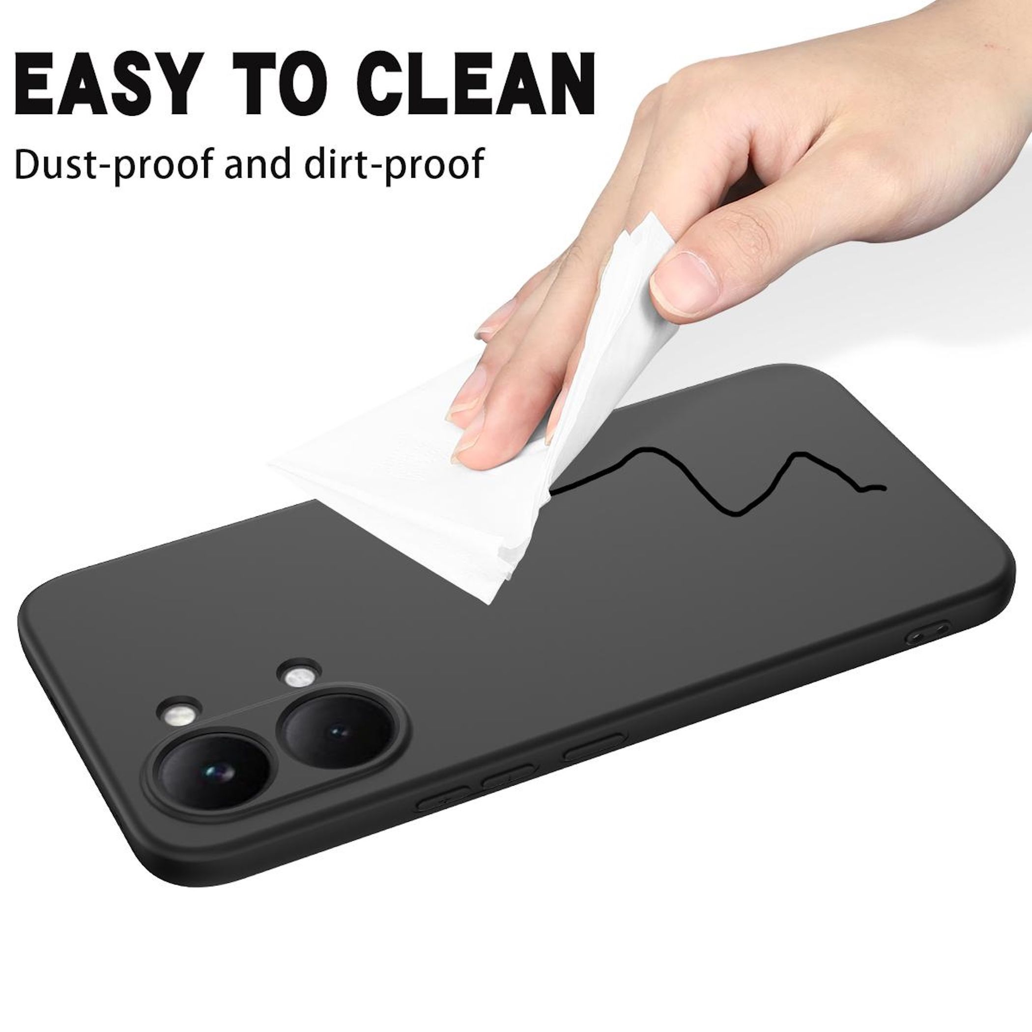 Eine Hand wischt mit einem Tuch über ein schwarzes Handycover.