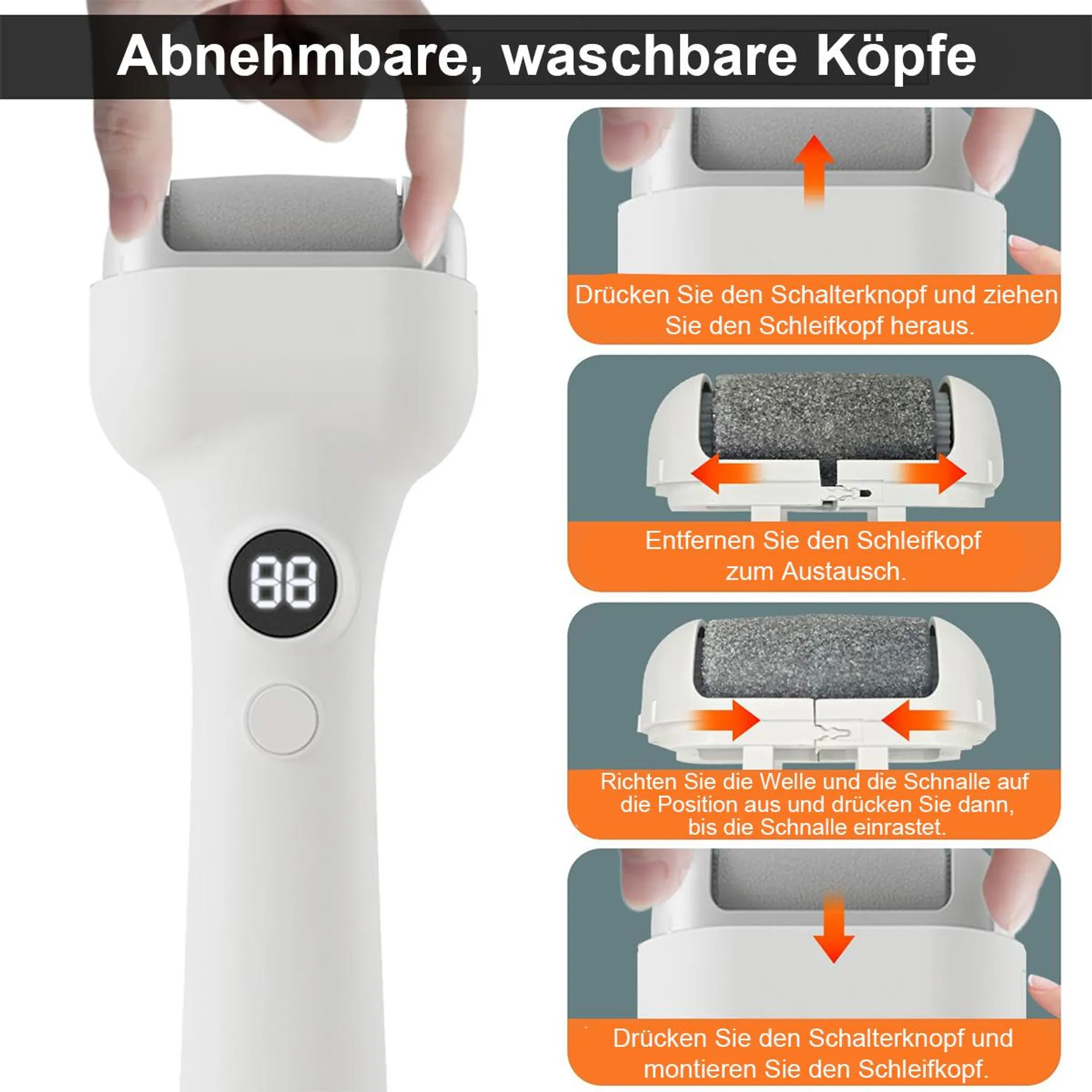 Eine Person wechselt den Aufsatz eines weißen elektrischen Hornhautentferners.
