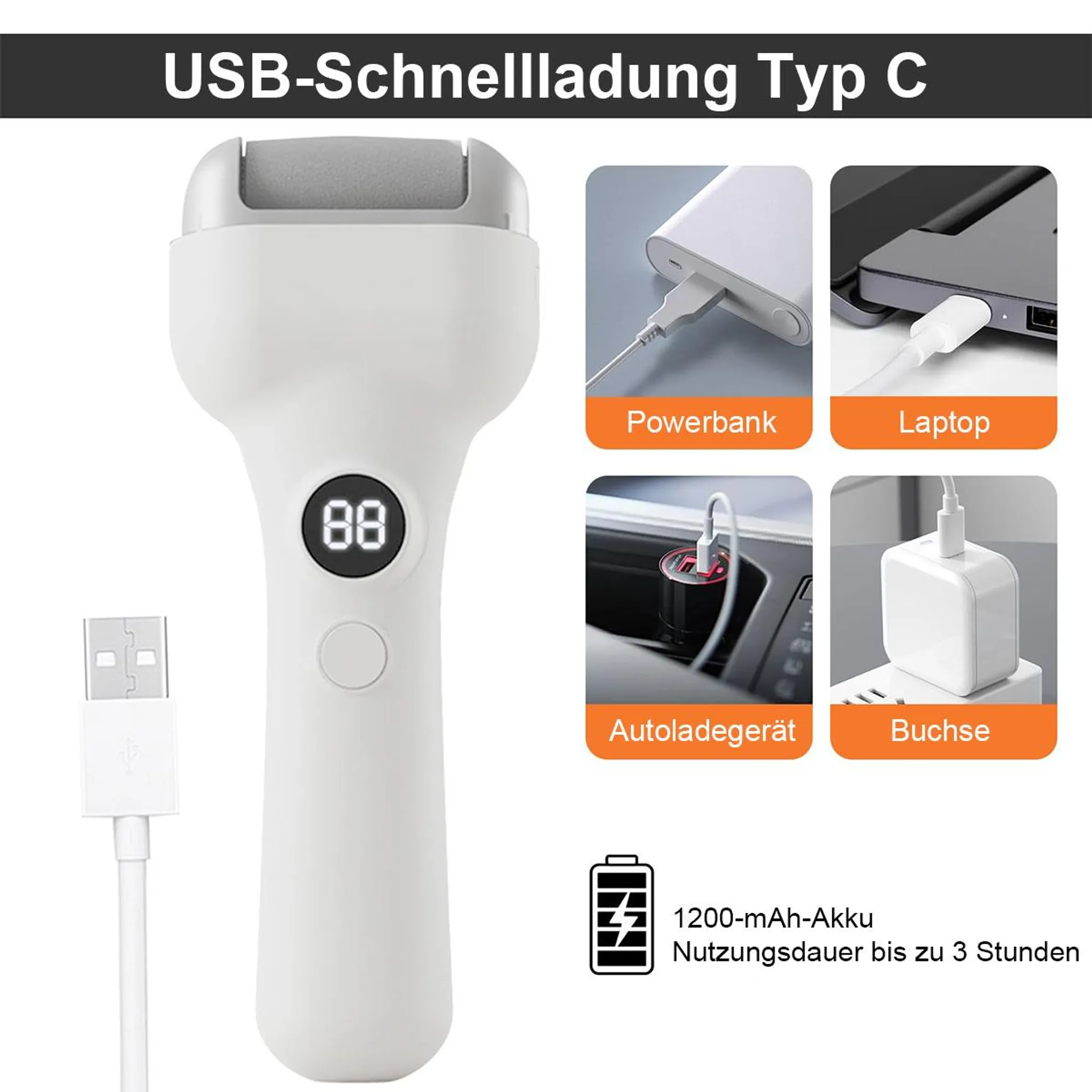 Ein weißes USB-C Ladegerät mit Display, daneben Bilder von Powerbank, Laptop, Autoladegerät und Buchse.