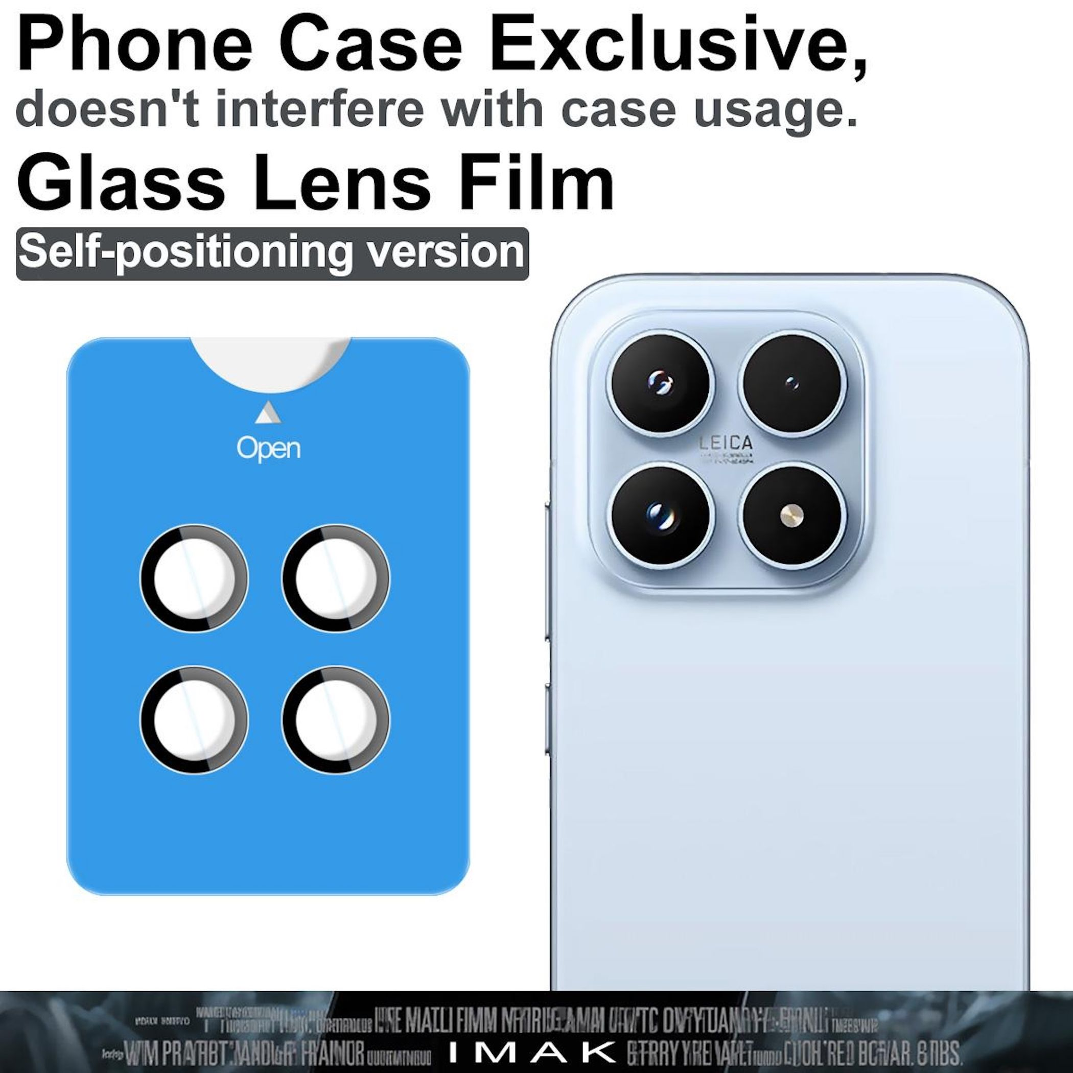 Cartoncino di supporto blu con quattro protezioni per obiettivo accanto a un telefono con quattro fotocamere.