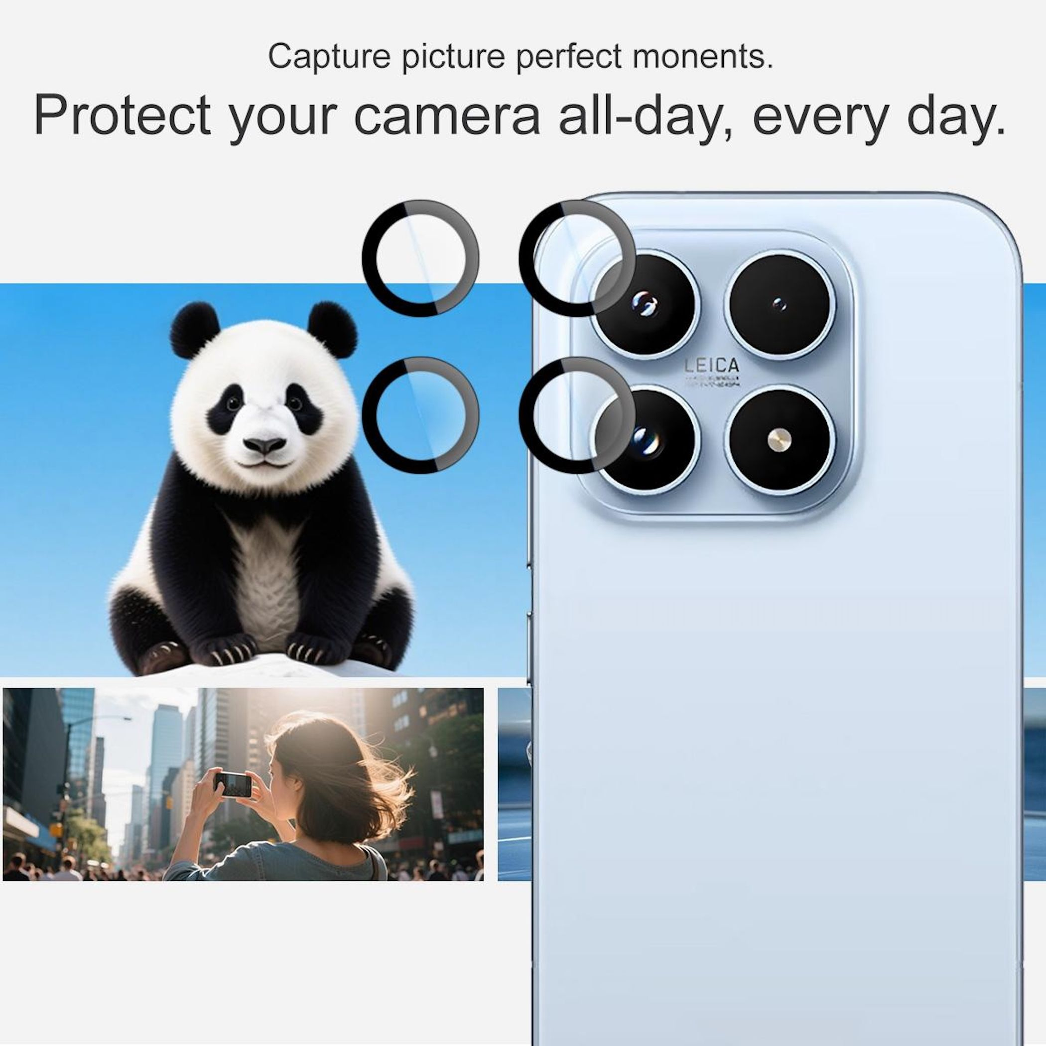 Un panda seduto davanti a un cielo blu, accanto a una fotocamera del telefono con pellicole protettive.