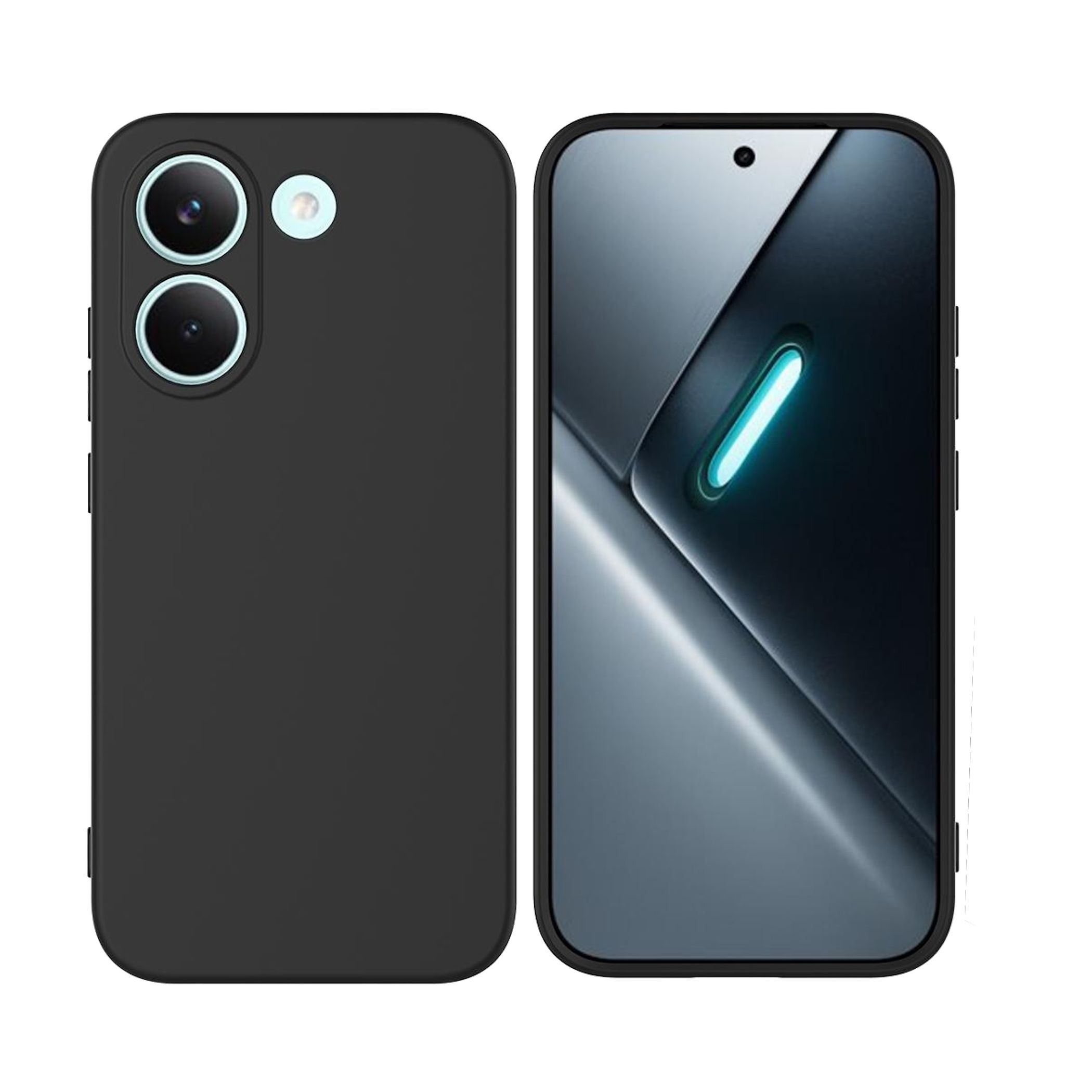 Schwarze Handyhülle und Vorderseite eines Smartphones mit blauem Licht
