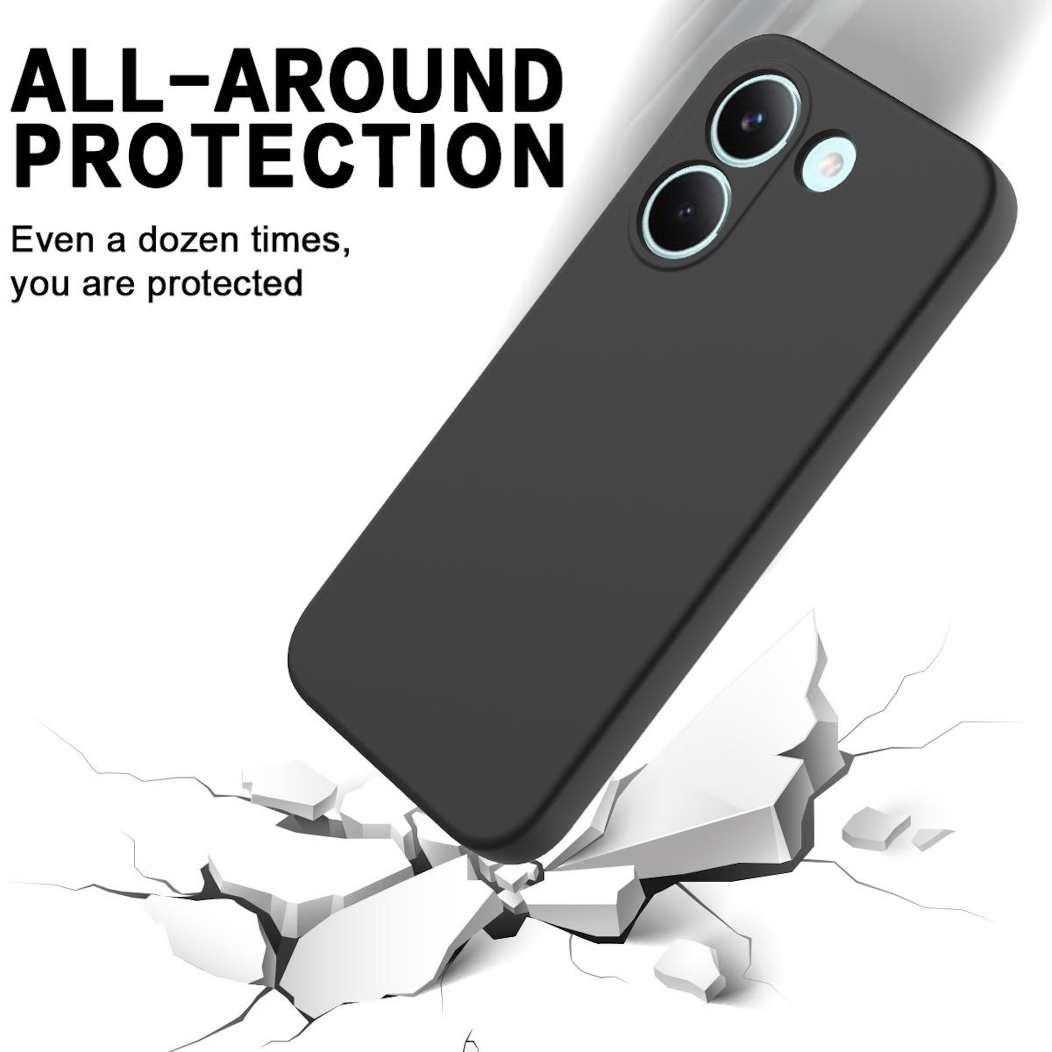 Schwarze Handyhülle bricht durch weiße Oberfläche, Text 'ALL-AROUND PROTECTION'.