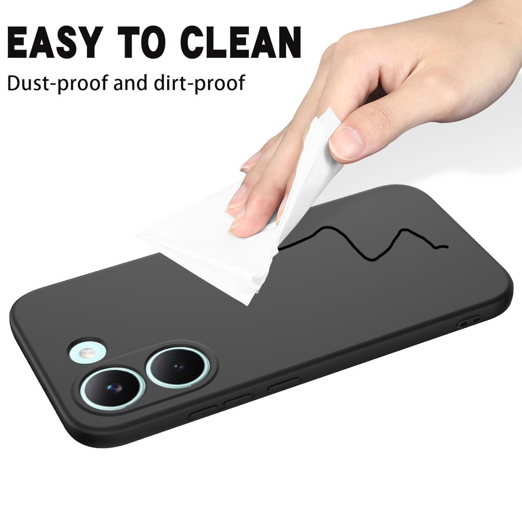 Eine Hand wischt mit einem weißen Tuch über ein schwarzes Handy.