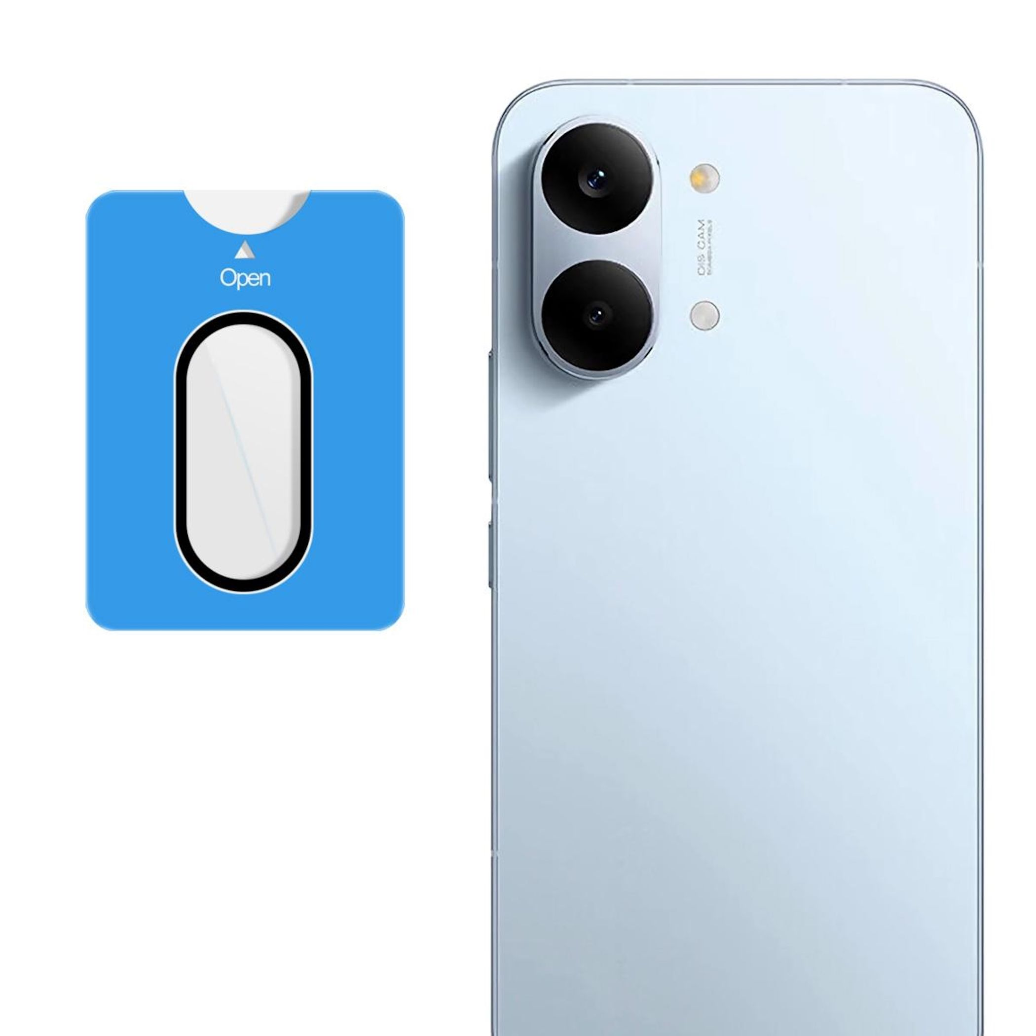 Un porta SIM blu accanto al retro di uno smartphone azzurro con fotocamere.