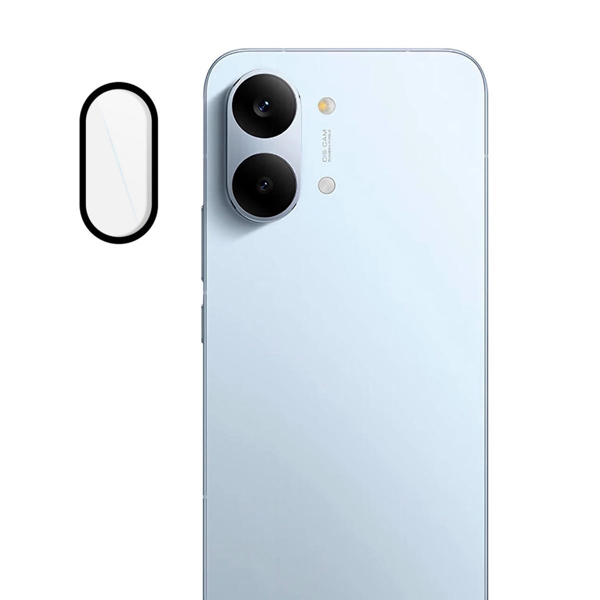 Retro di un telefono bianco con due fotocamere e una protezione schermo accanto.
