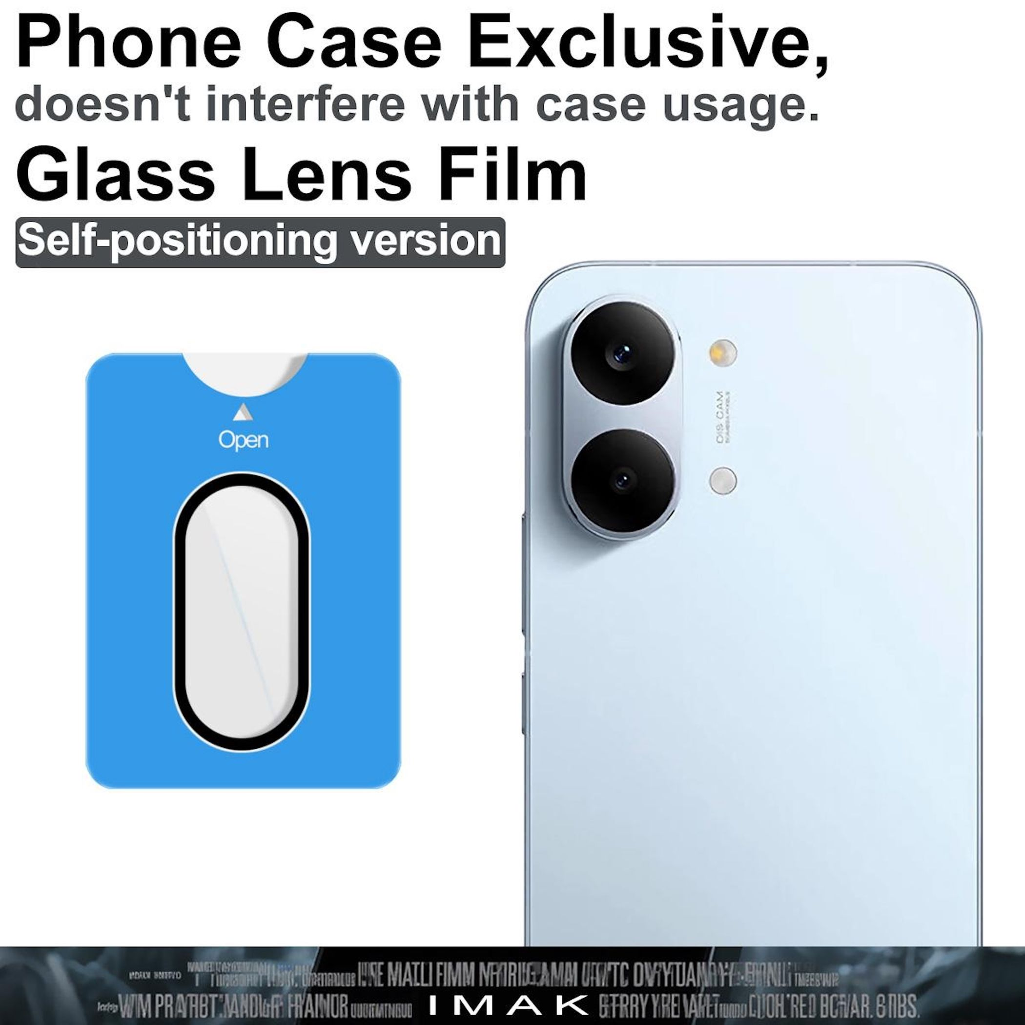 Inserto blu con "Apri" e un ritaglio bianco accanto a un cellulare.