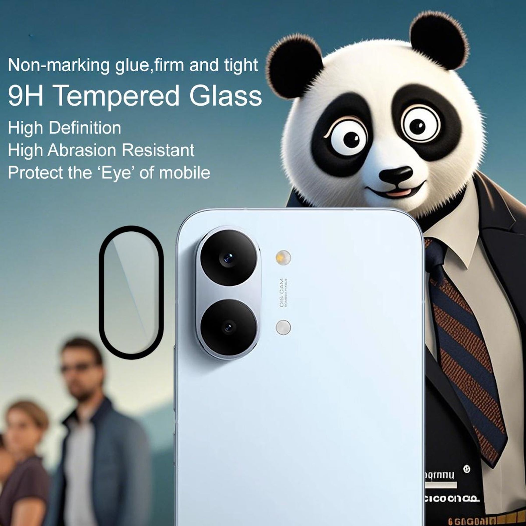 Un panda in giacca e cravatta accanto a uno smartphone con proteggi schermo.