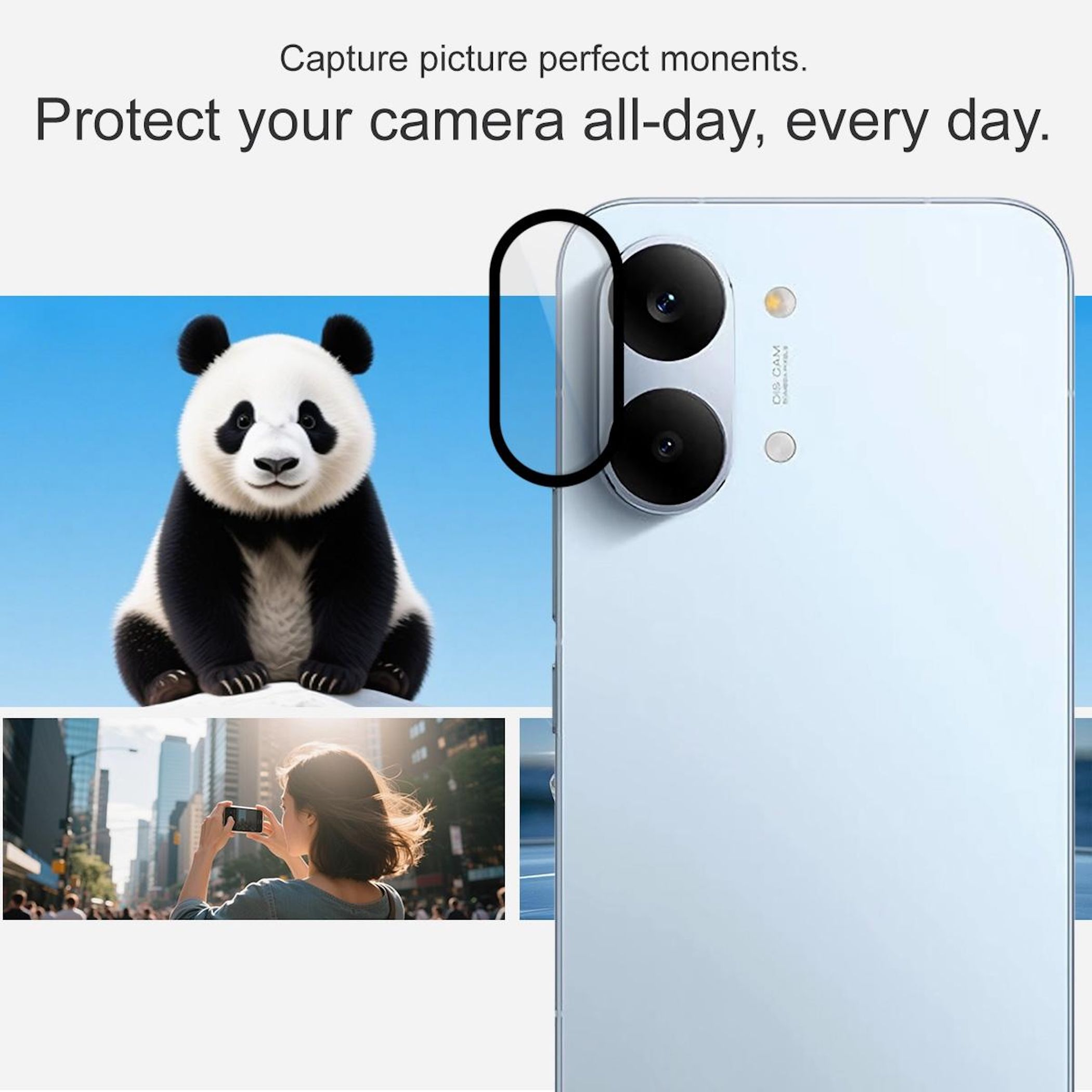 Un panda seduto, una donna scatta una foto, un telefono e testo.