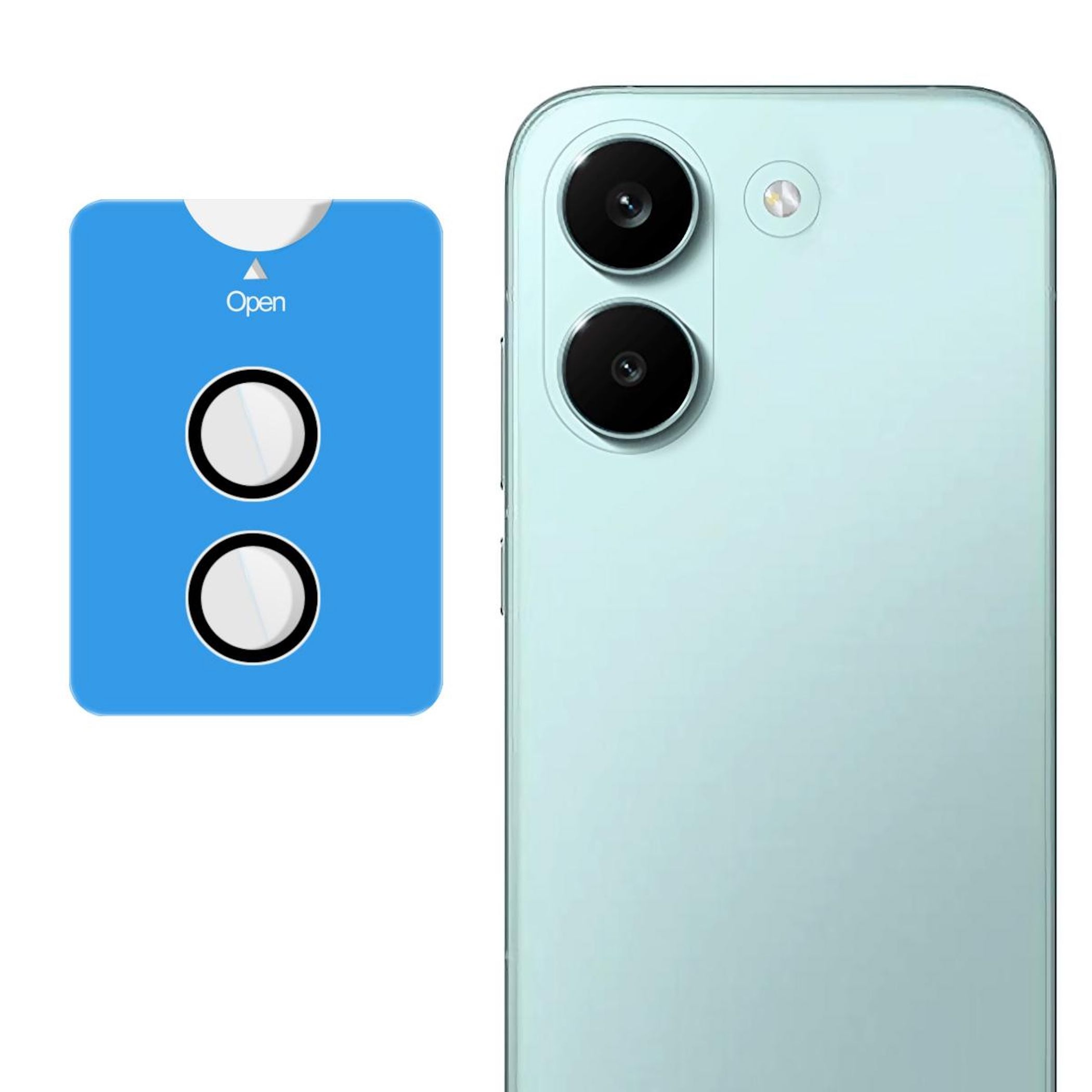 Blauer Aufkleber mit "Open" und zwei Kreisen neben einem hellgrünen Handy.