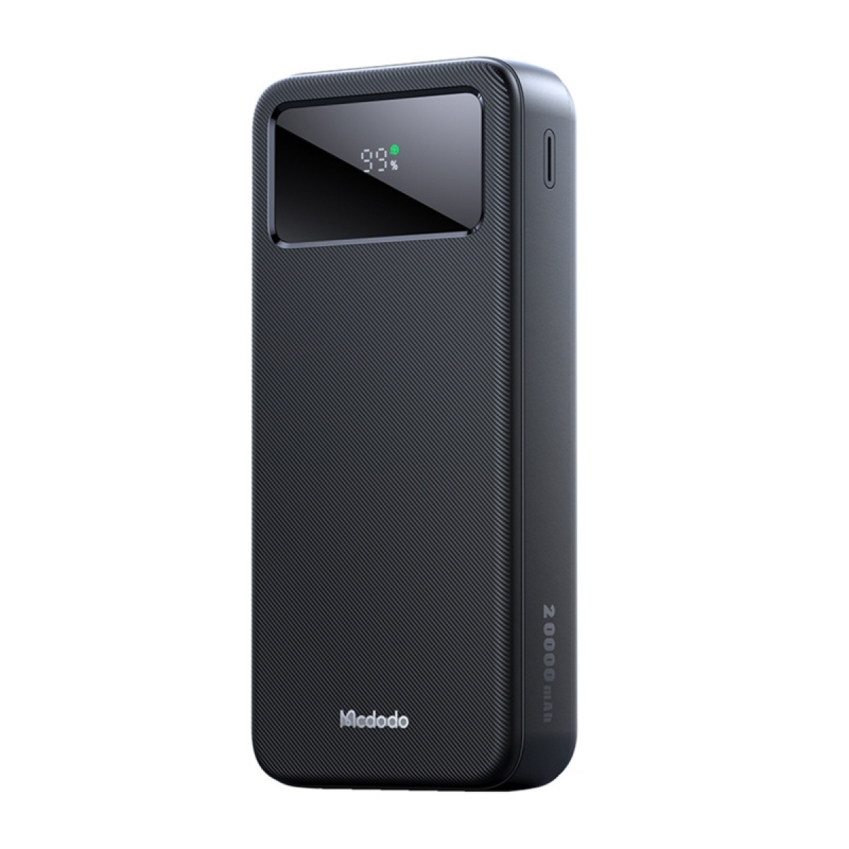 Power bank nero con display digitale che mostra il 99%.