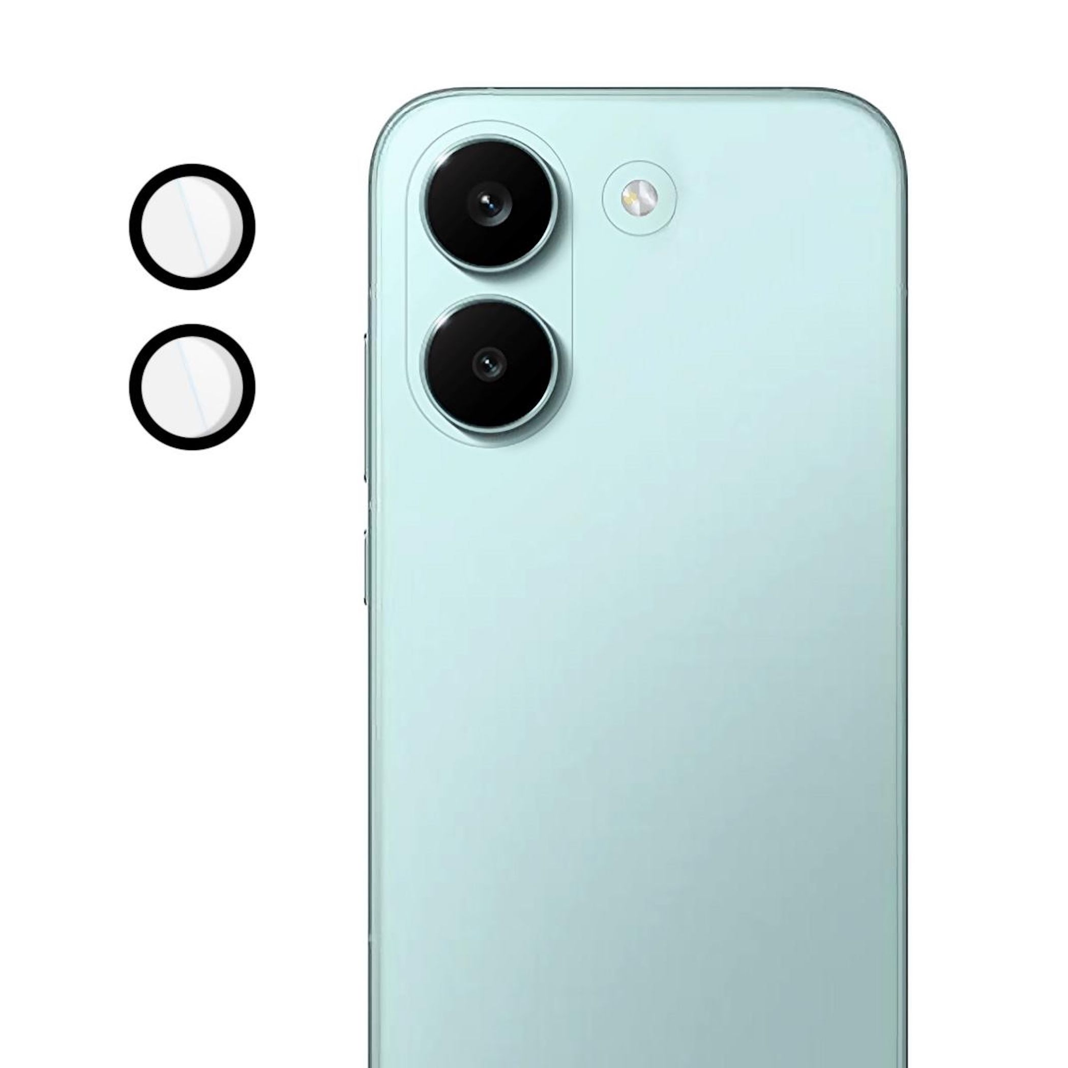 Zwei schwarze Schutzringe liegen links neben einem hellblauen Smartphone.
