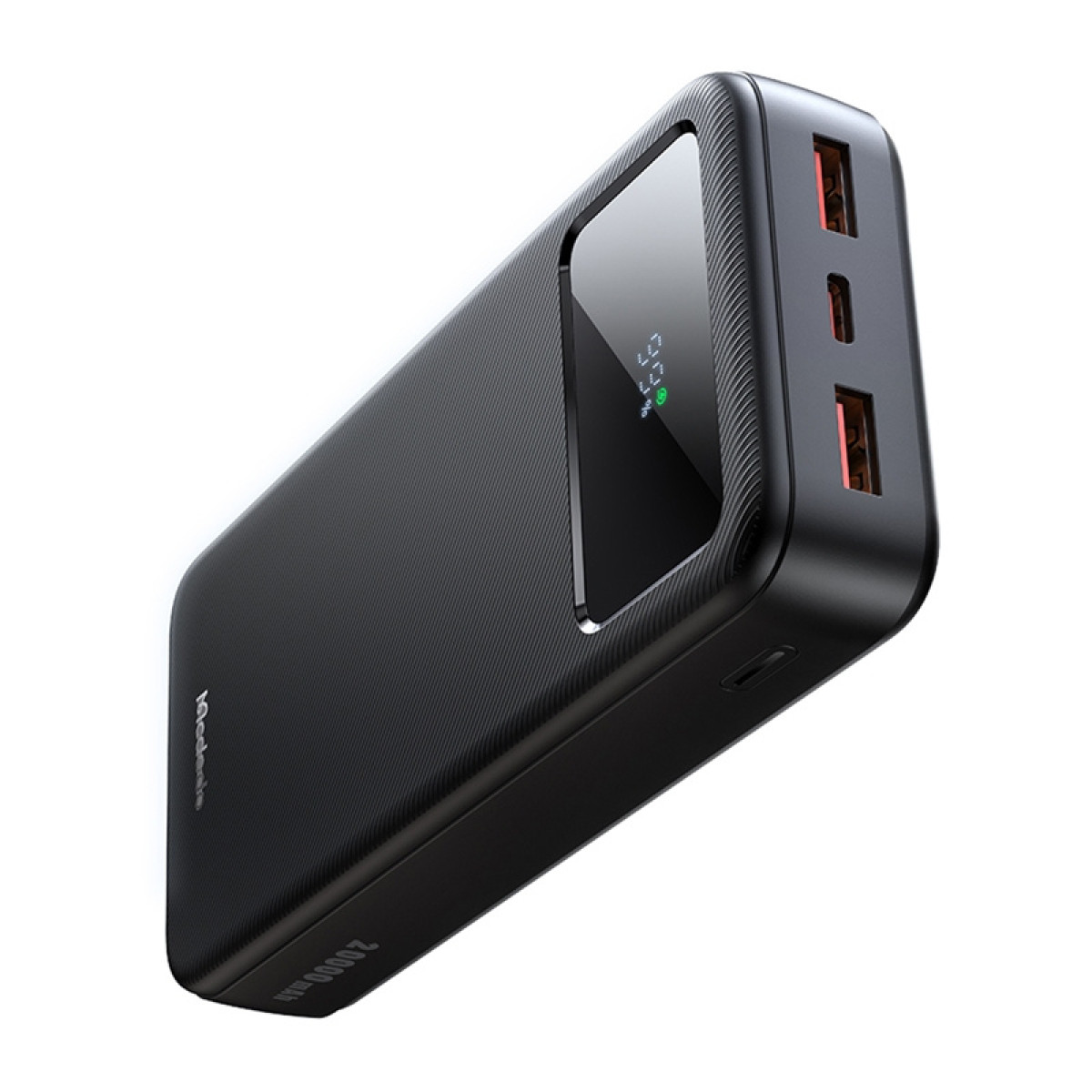 Power bank nero con superficie testurizzata, display digitale e due porte USB rosse.