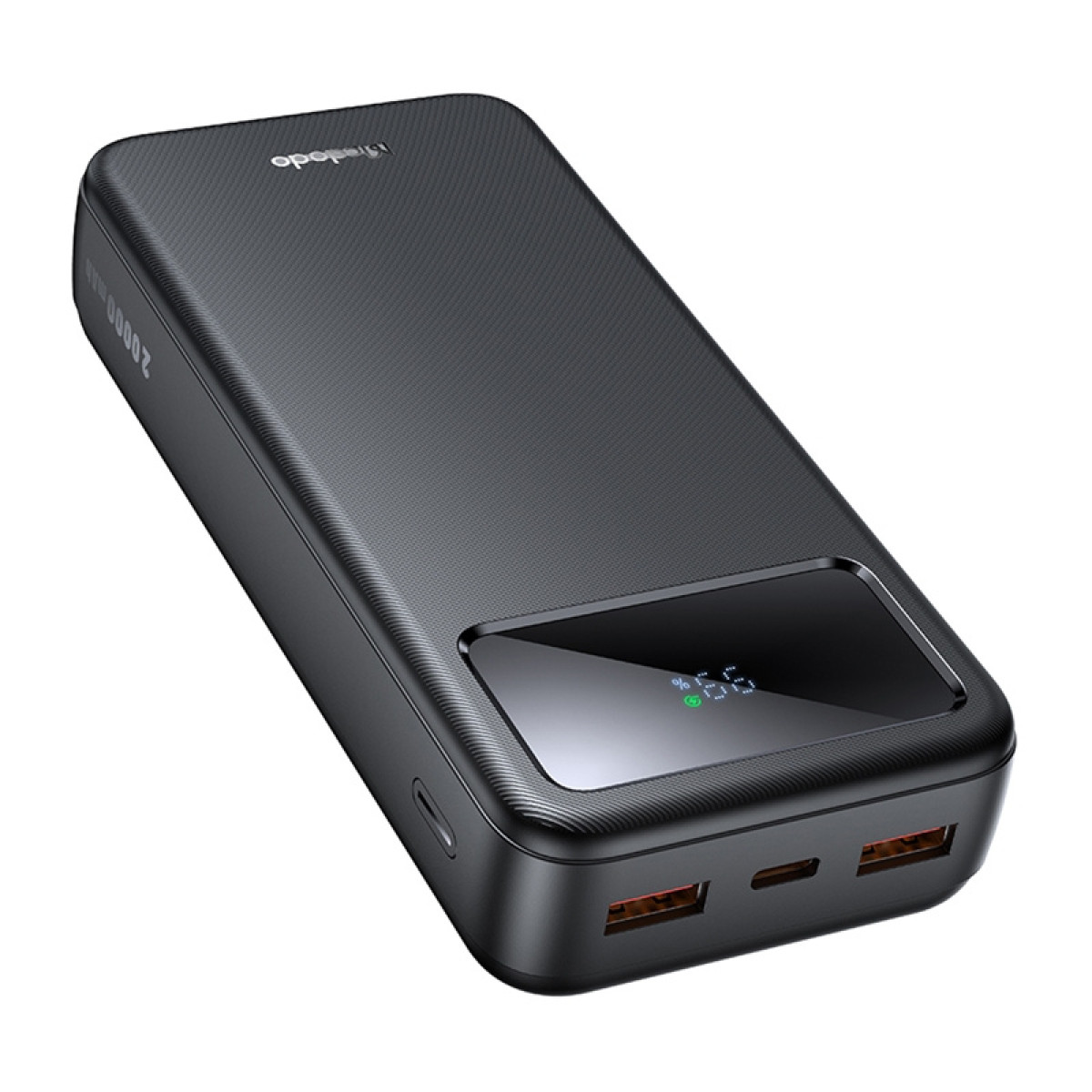 Power bank nero con display digitale al 66% e due porte USB-A.